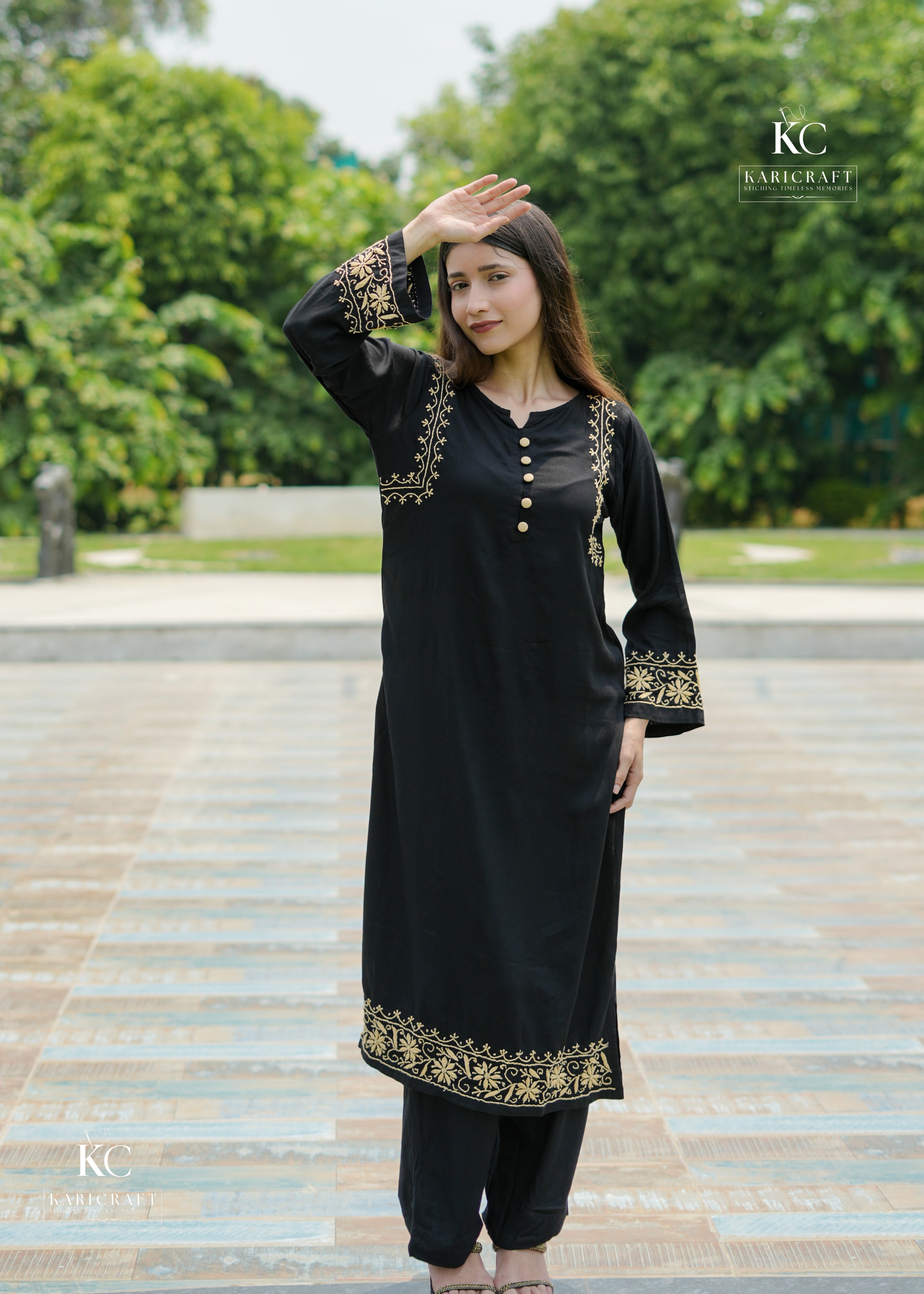 Close-up of Pechni, Bakhiya, and Murri hand embroidery on rayon