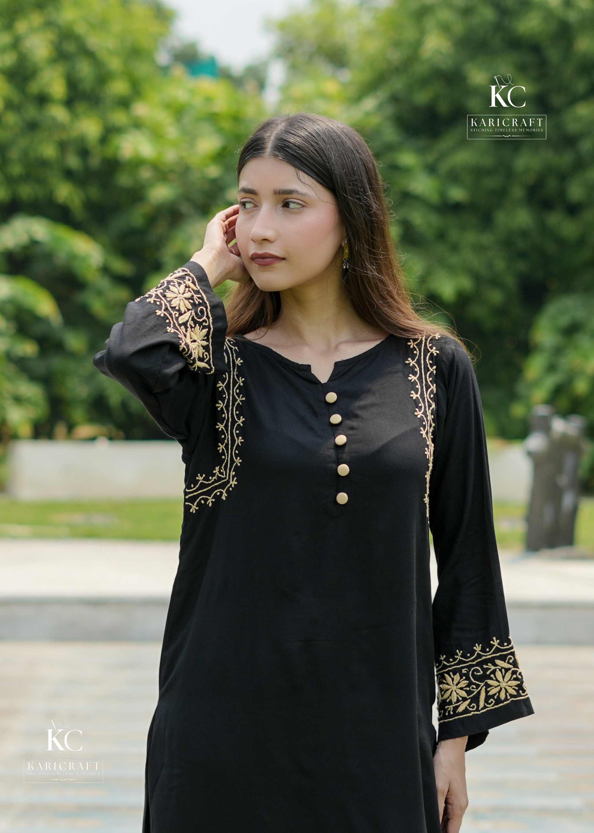 Black Luxury Rayon Chikankari Kurta Dress – Front View