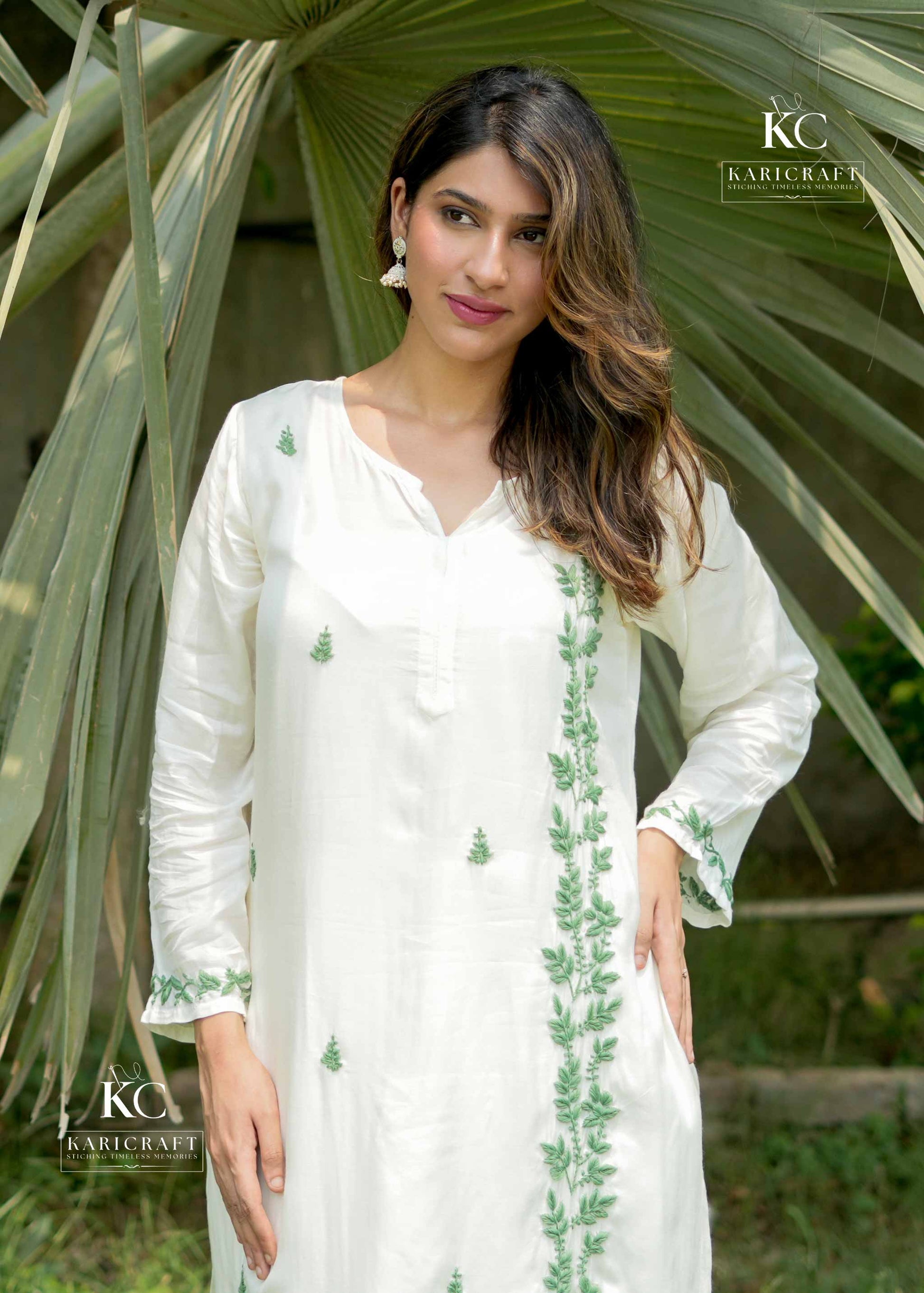 Front view of Muslin Chikankari Coord Set in Light Ivory