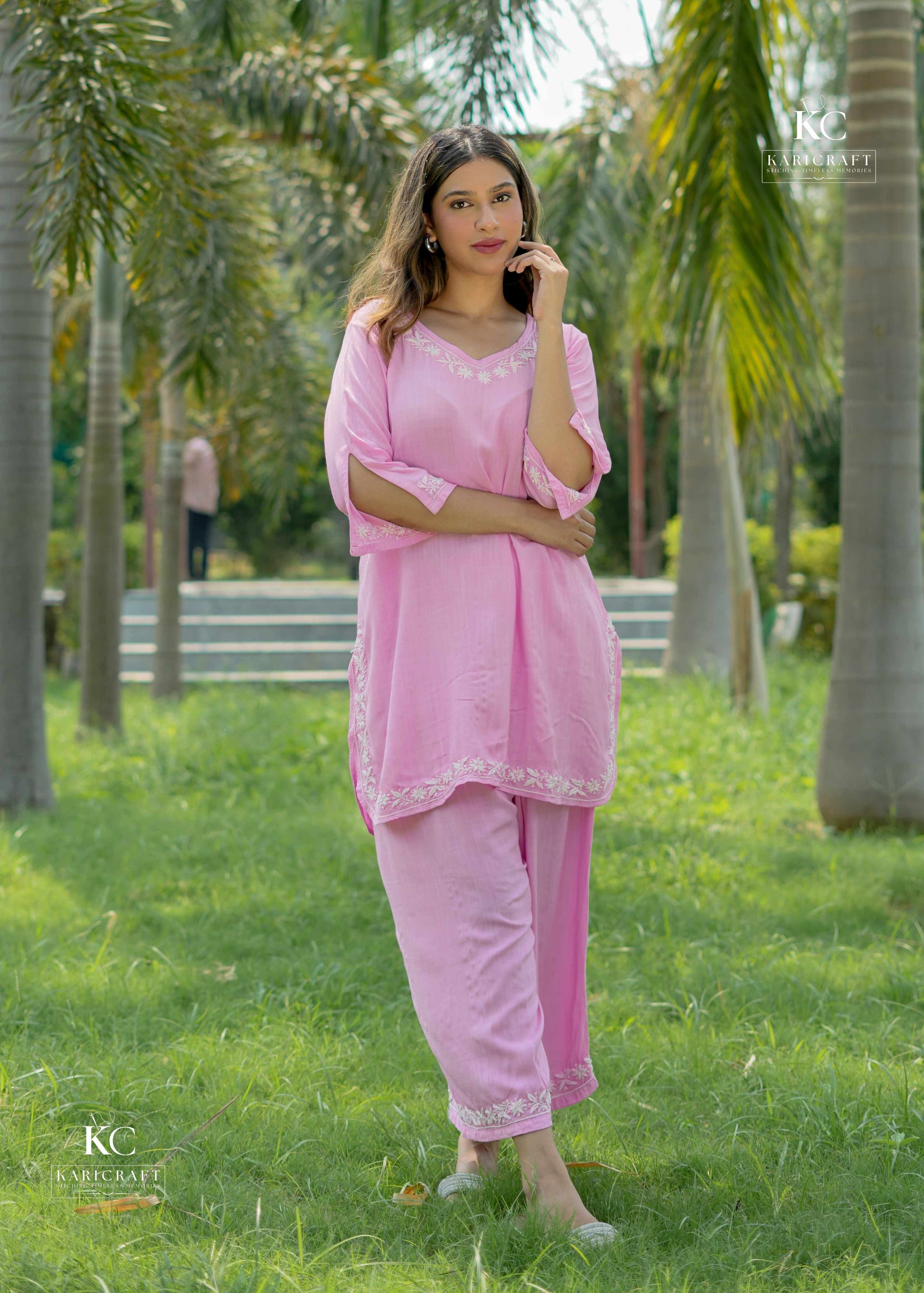 Pink Cotton Slub Chikankari Cord Set – Front View