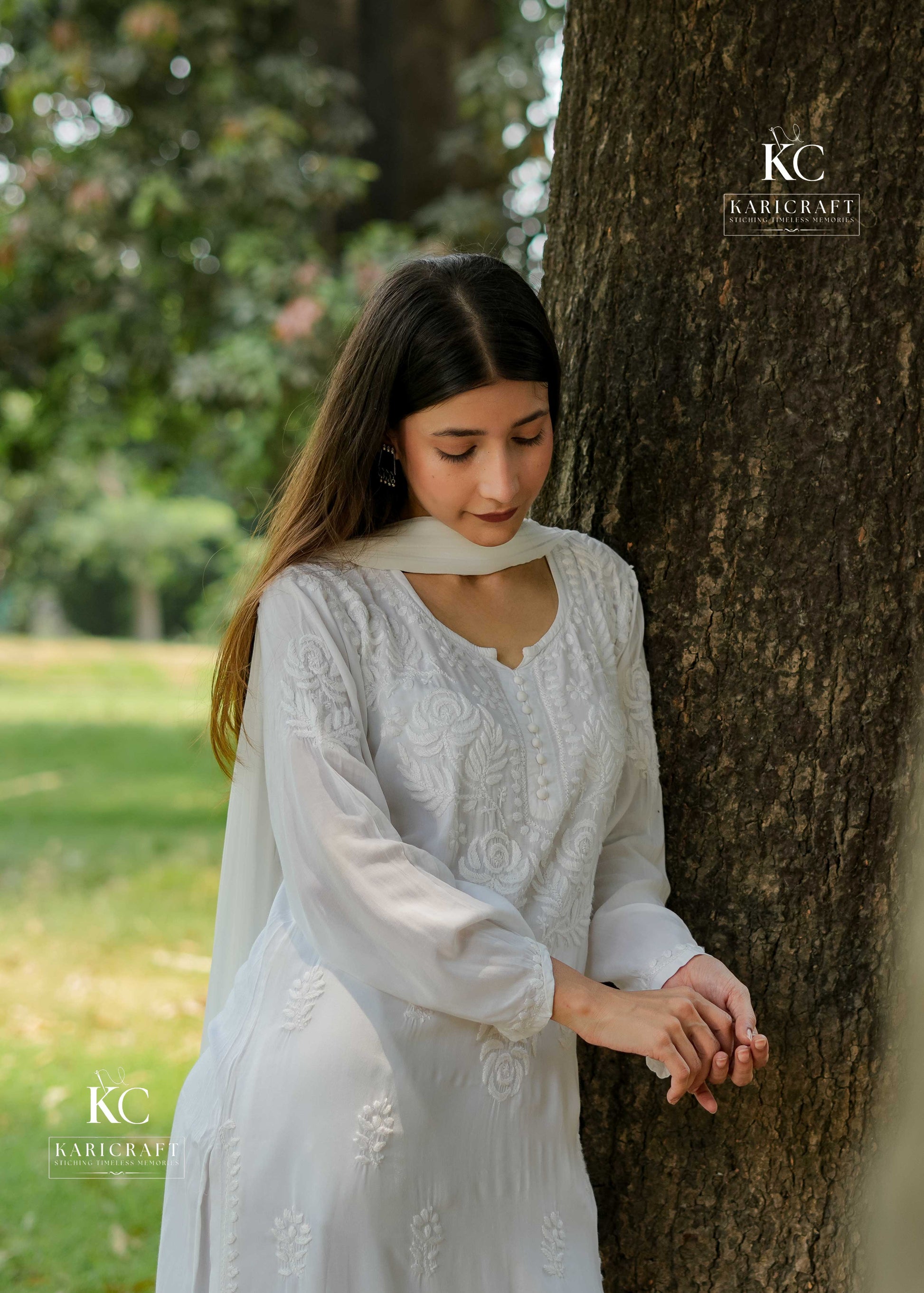 White Modal Chikankari Kurta with Ghass Patti embroidery – Front View