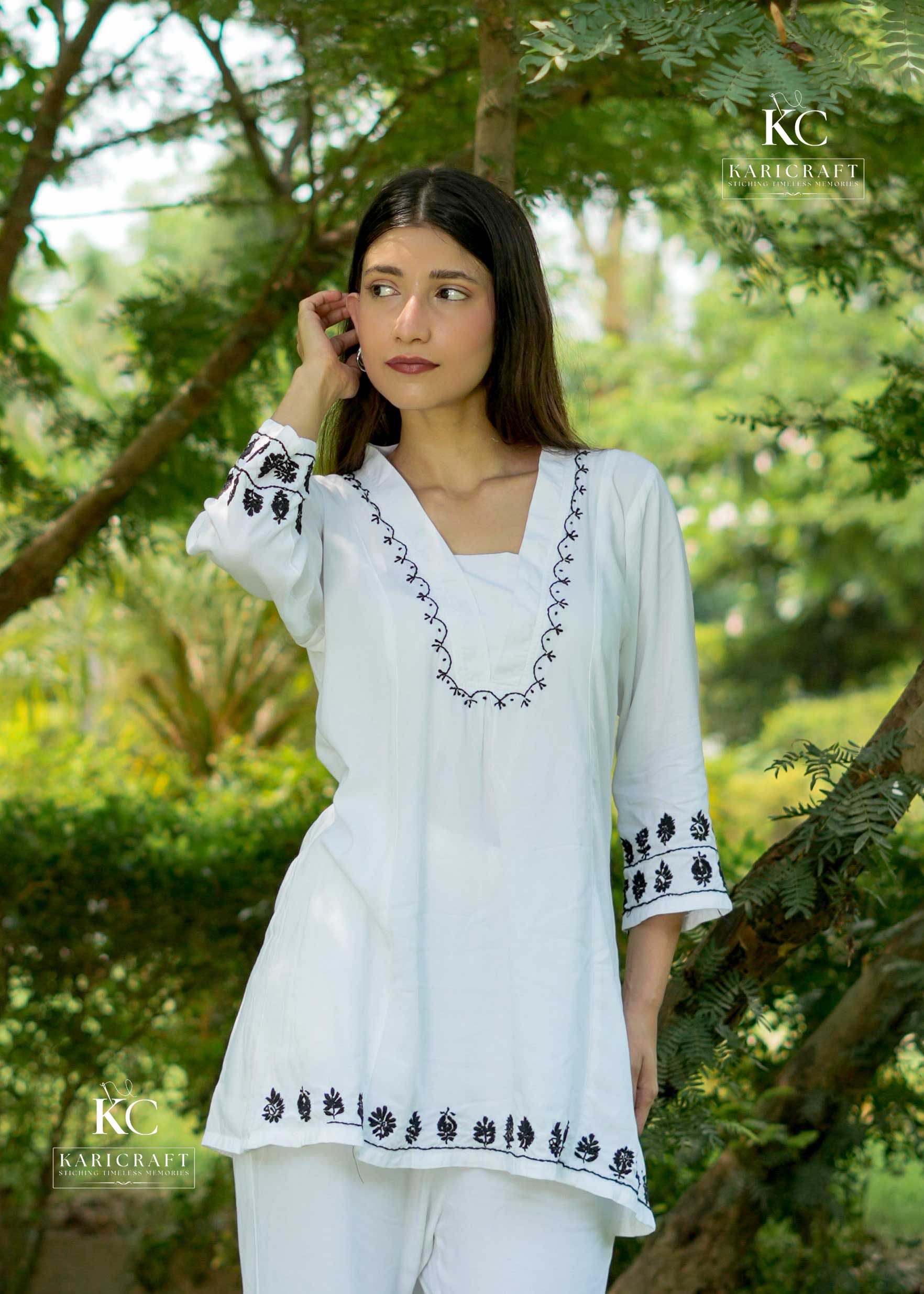 White Rayon Chikankari Coord Set with Black Thread – Front View