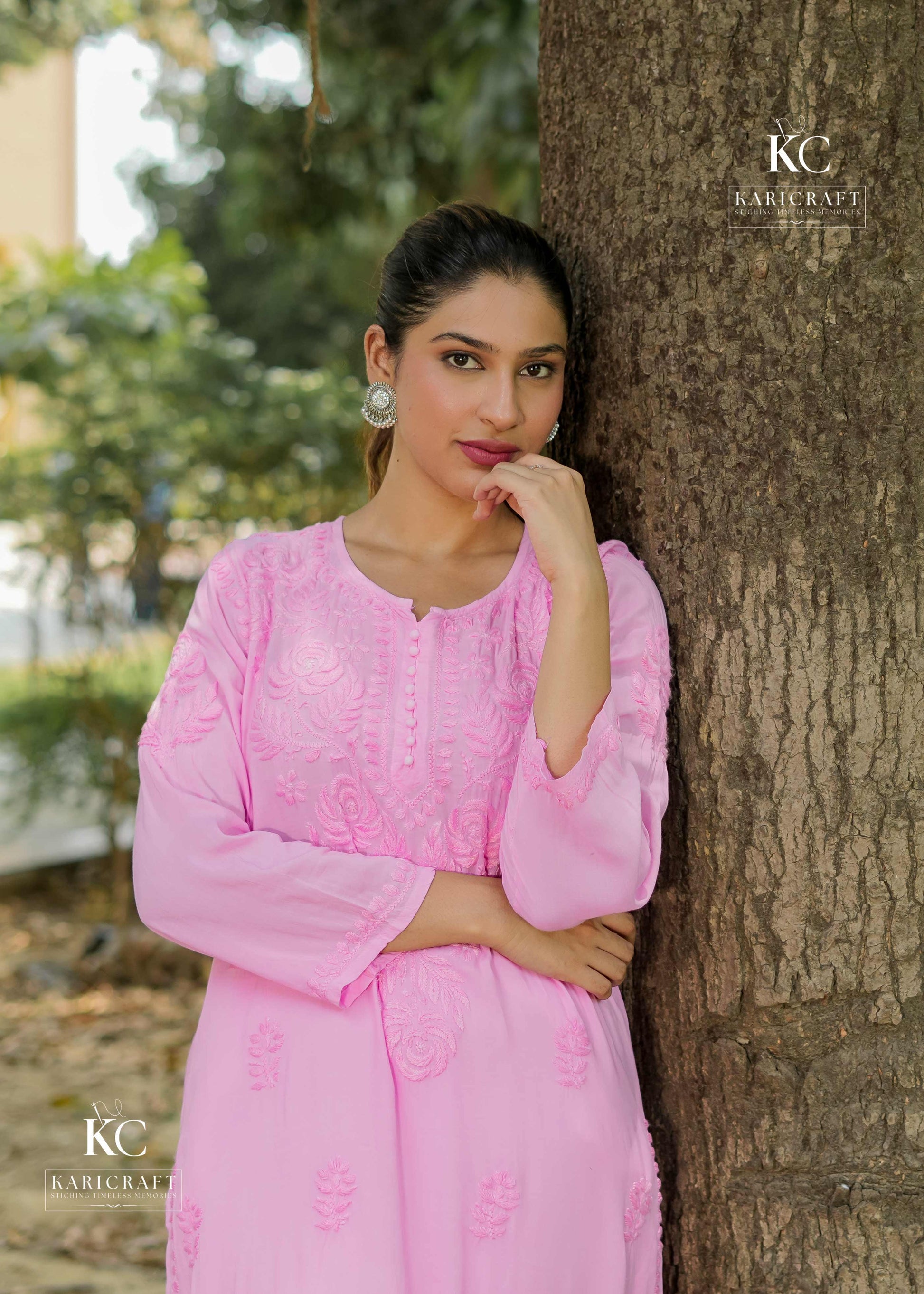 Moda Pink Modal Chikankari Kurta – Full Sleeve Front View