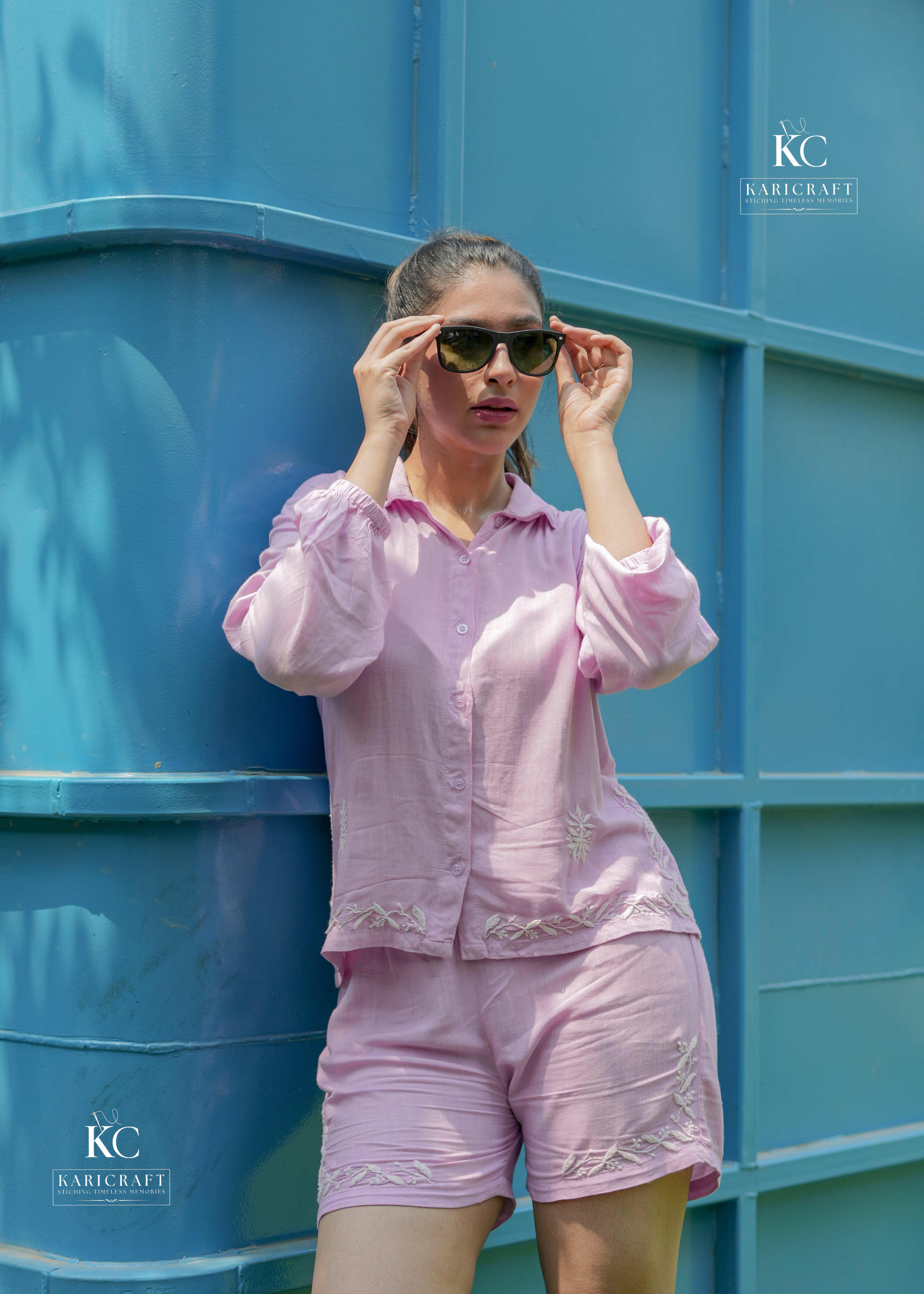 Handcrafted Lucknowi Chikankari on pastel lilac cotton outfit