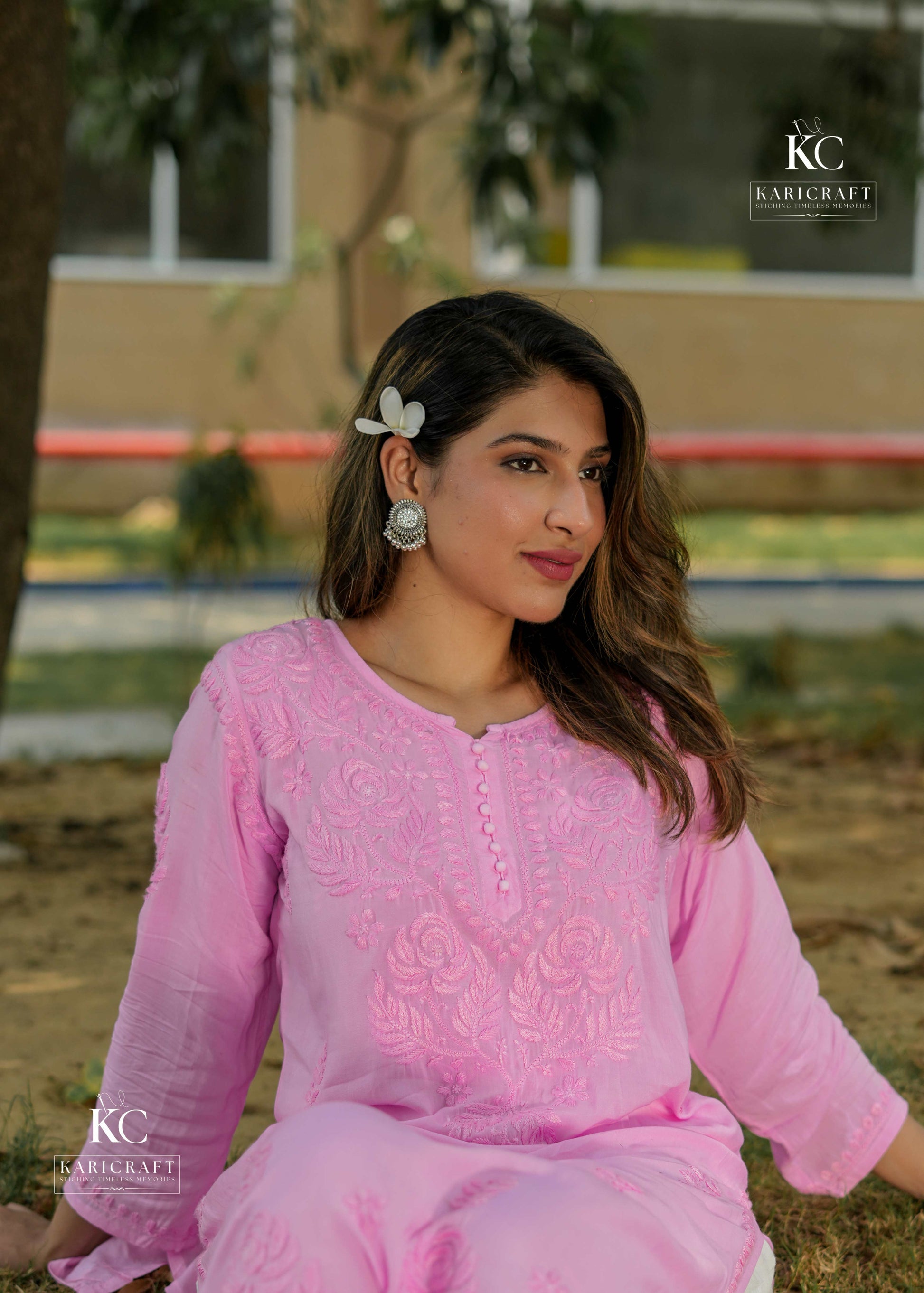 KariCraft’s modal Chikankari kurta in soft moda pink tone
