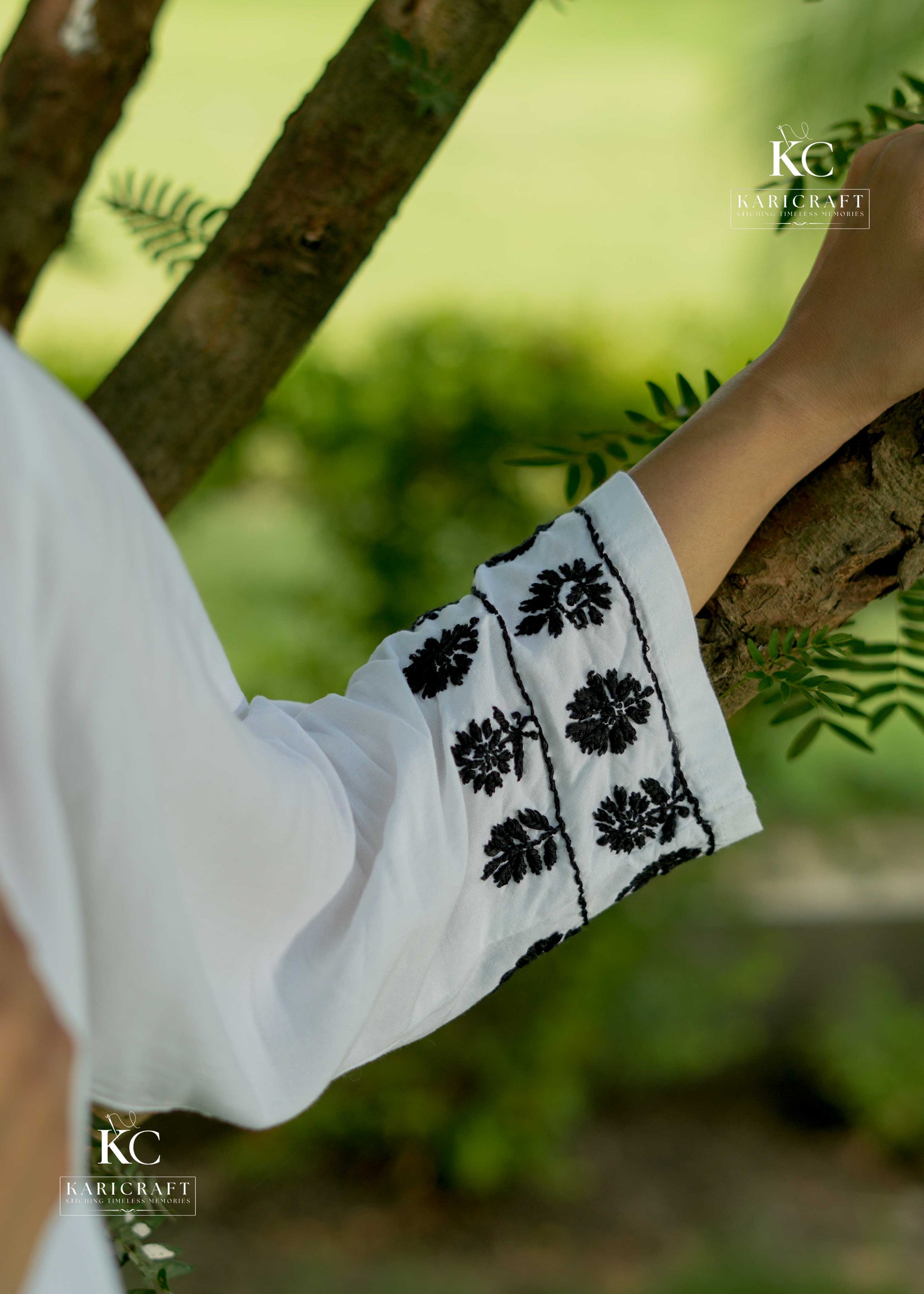 Modern white coord set with traditional Lucknowi embroidery – KariCraft Womenswear