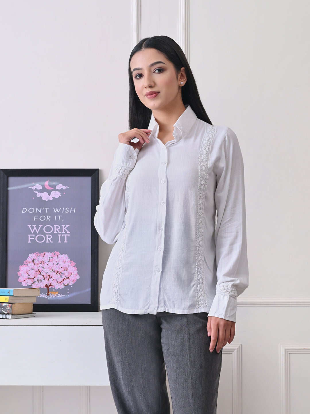 Structured Chikankari Formal Shirt - White