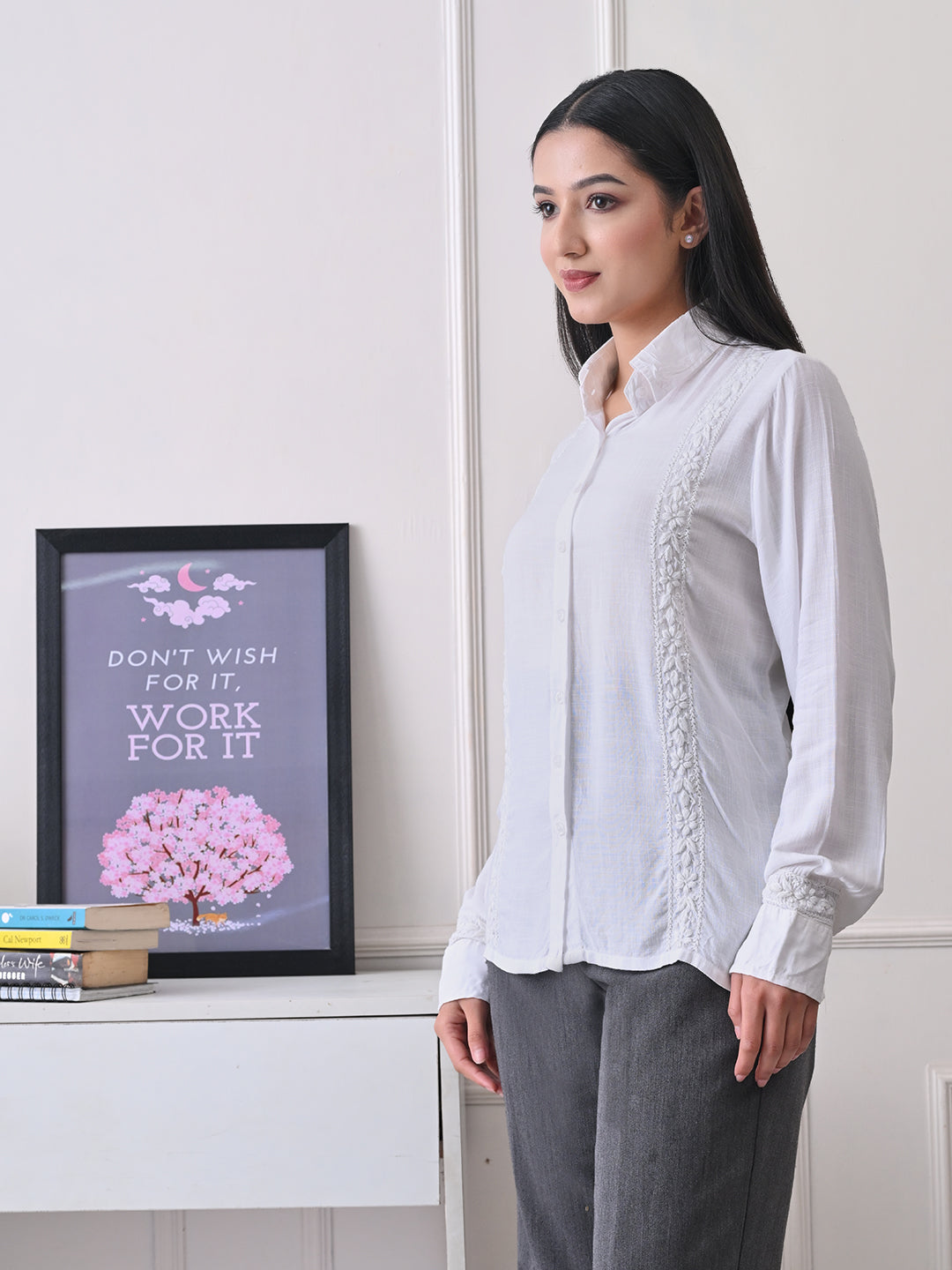Structured Chikankari Formal Shirt - White