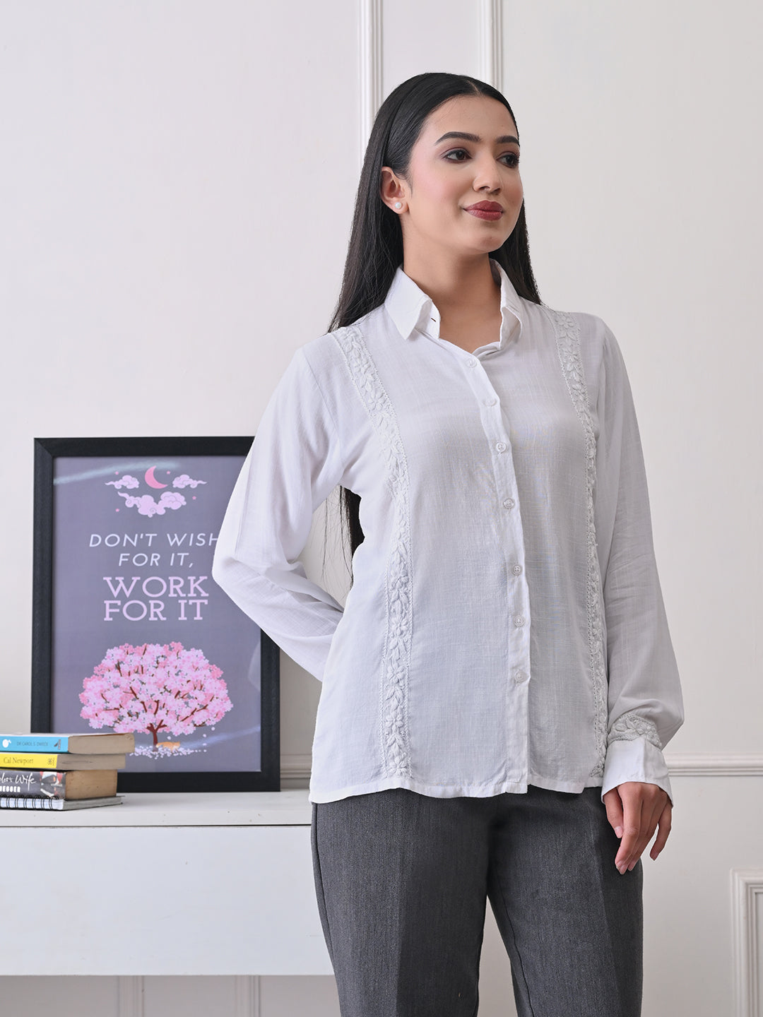 Structured Chikankari Formal Shirt - White