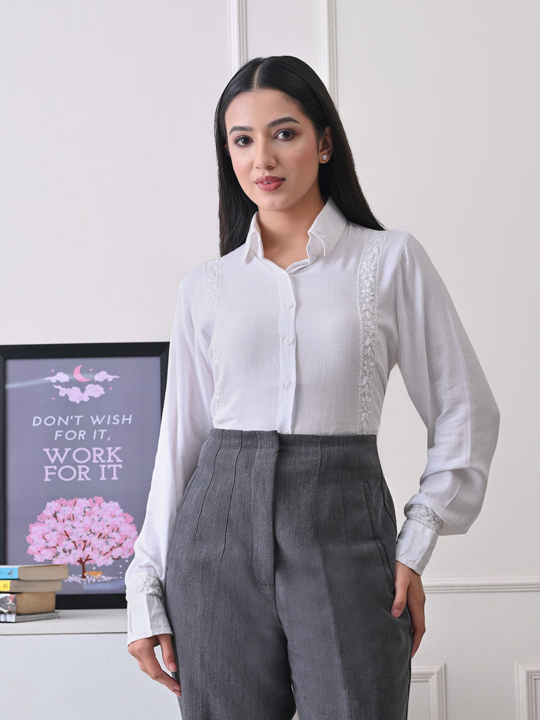 Structured Chikankari Formal Shirt - White