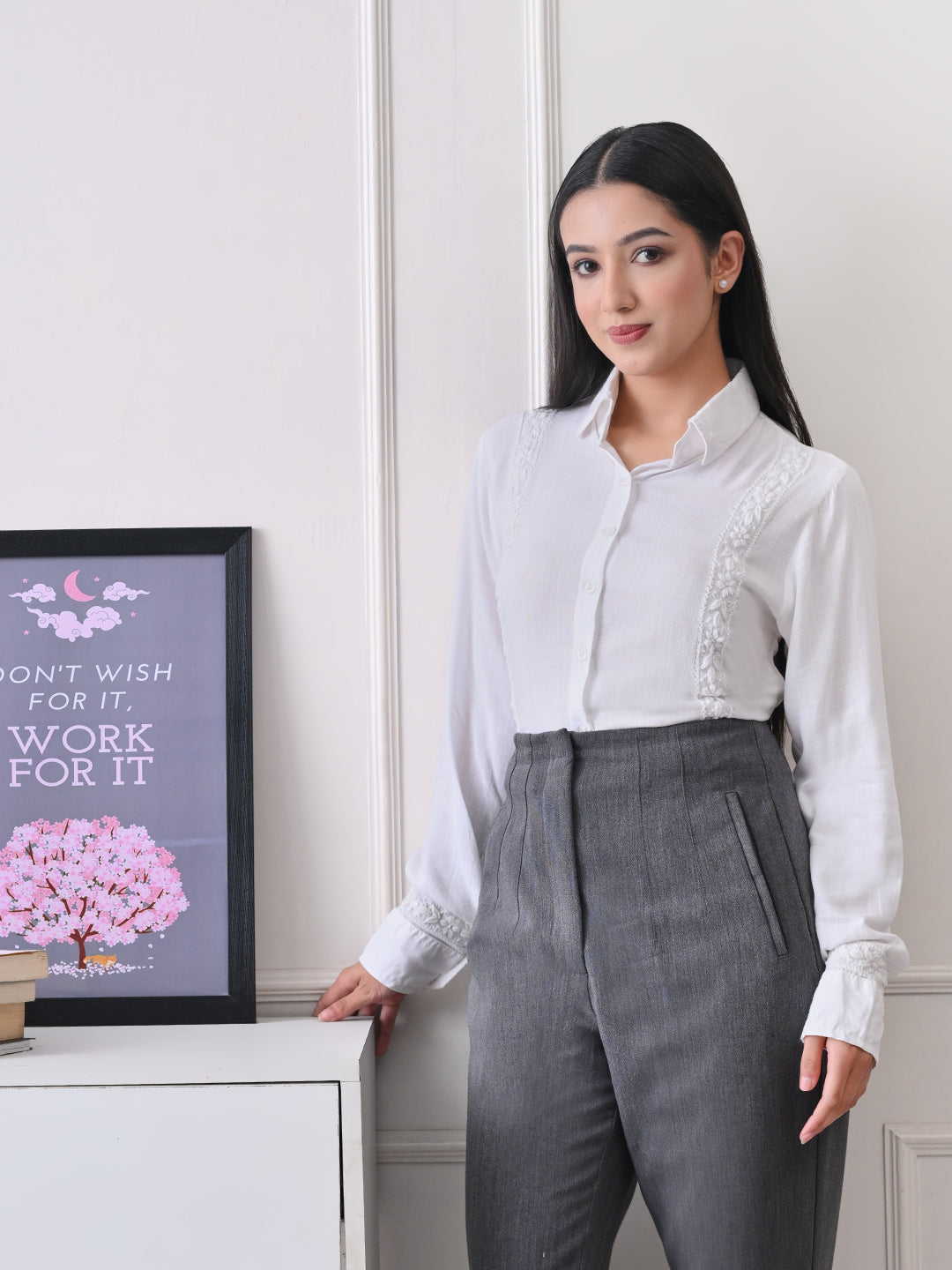 Structured Chikankari Formal Shirt - White