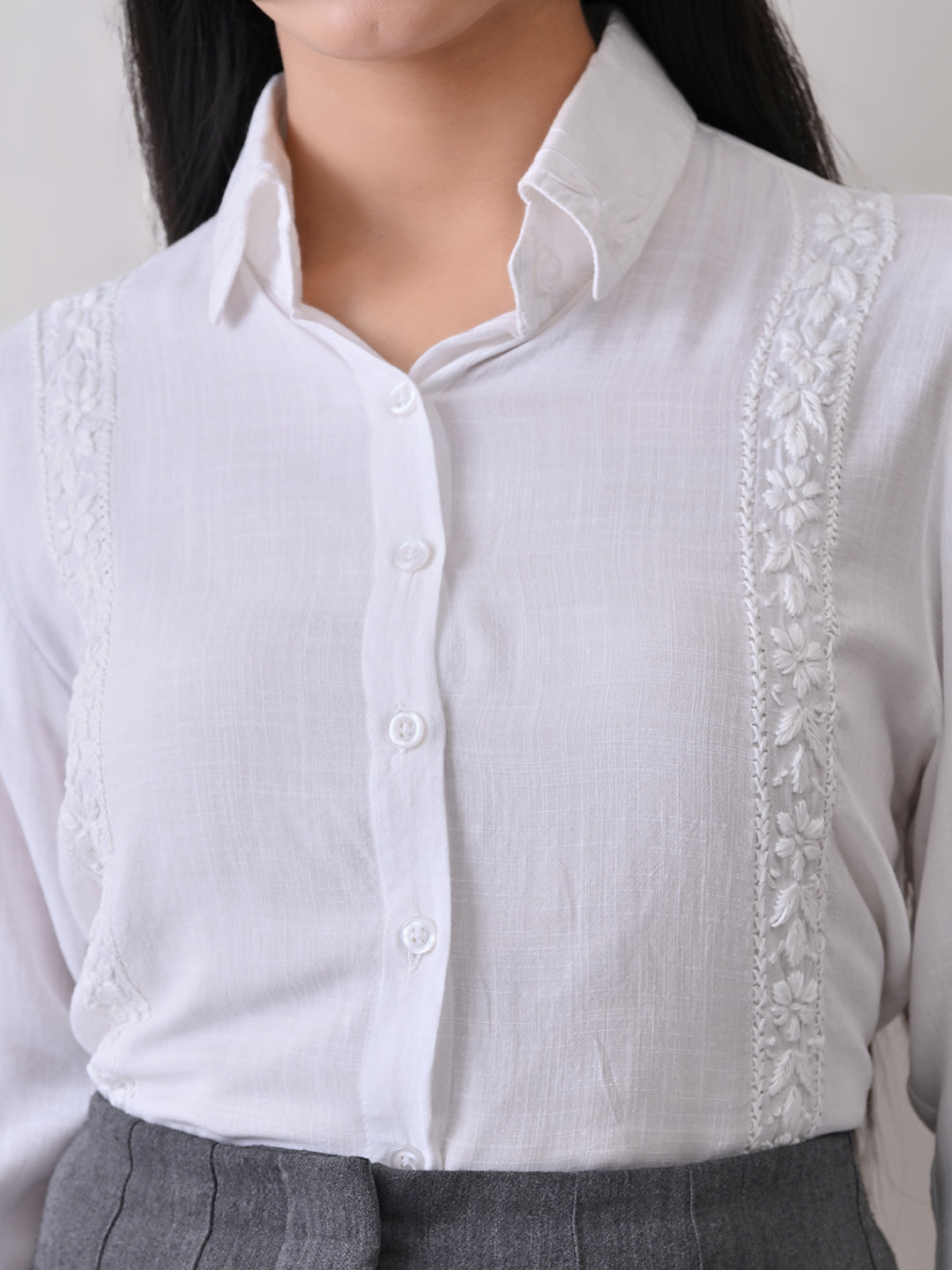 Structured Chikankari Formal Shirt - White