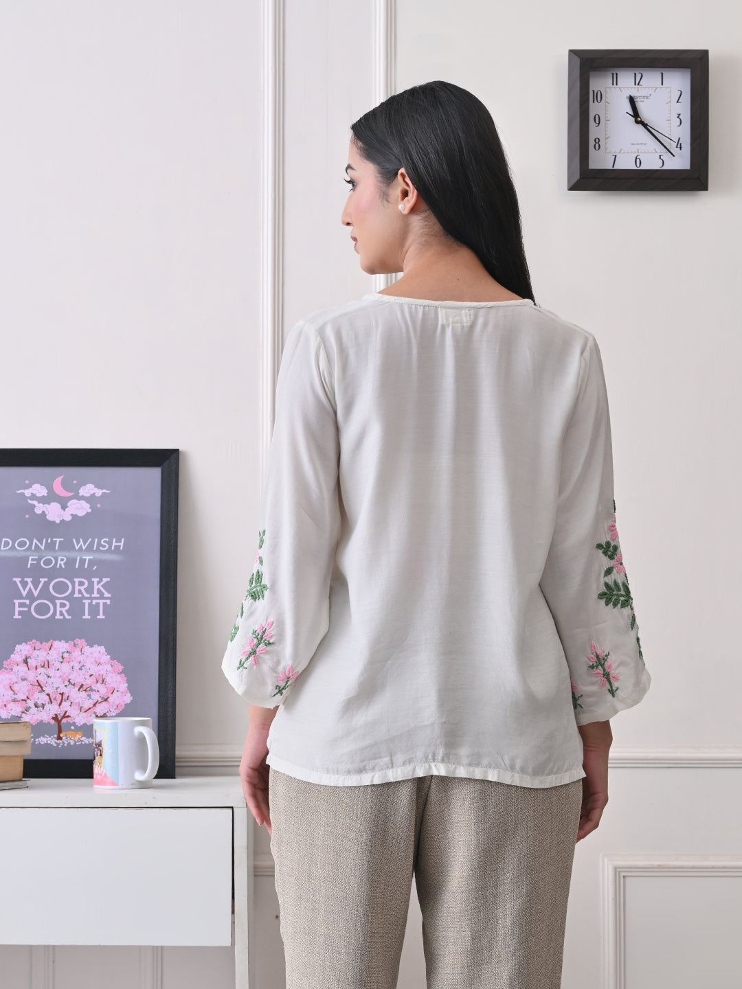 Feminine Chikankari Top with Green & Pink Accents - Ivory