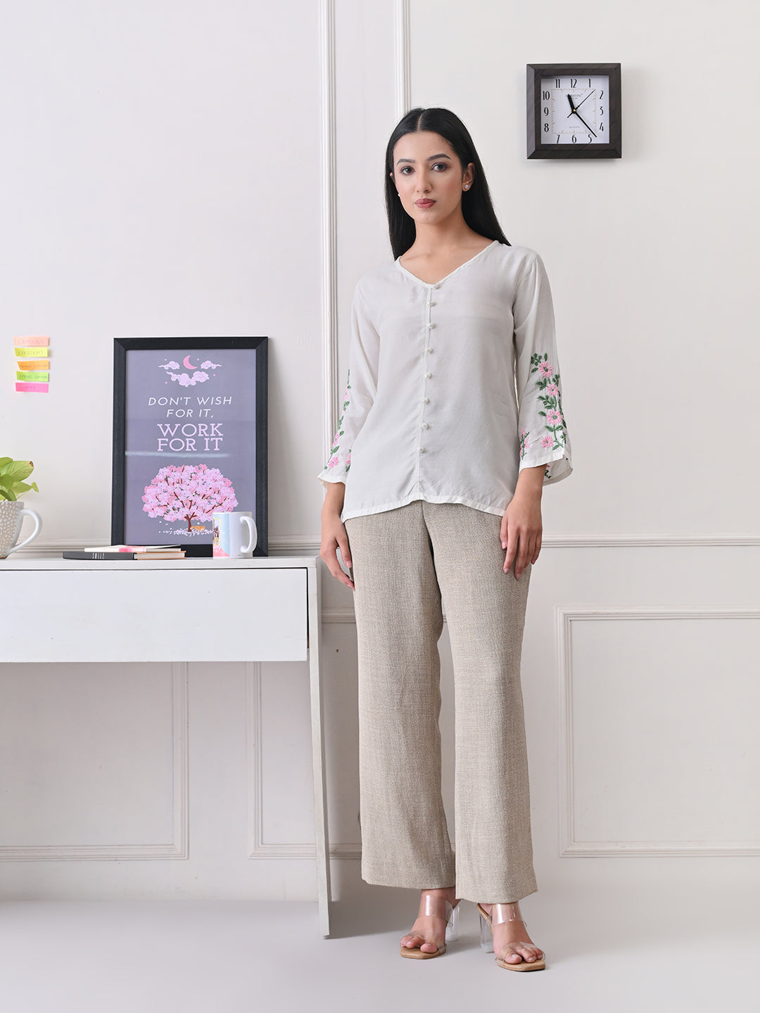 Feminine Chikankari Top with Green & Pink Accents - Ivory