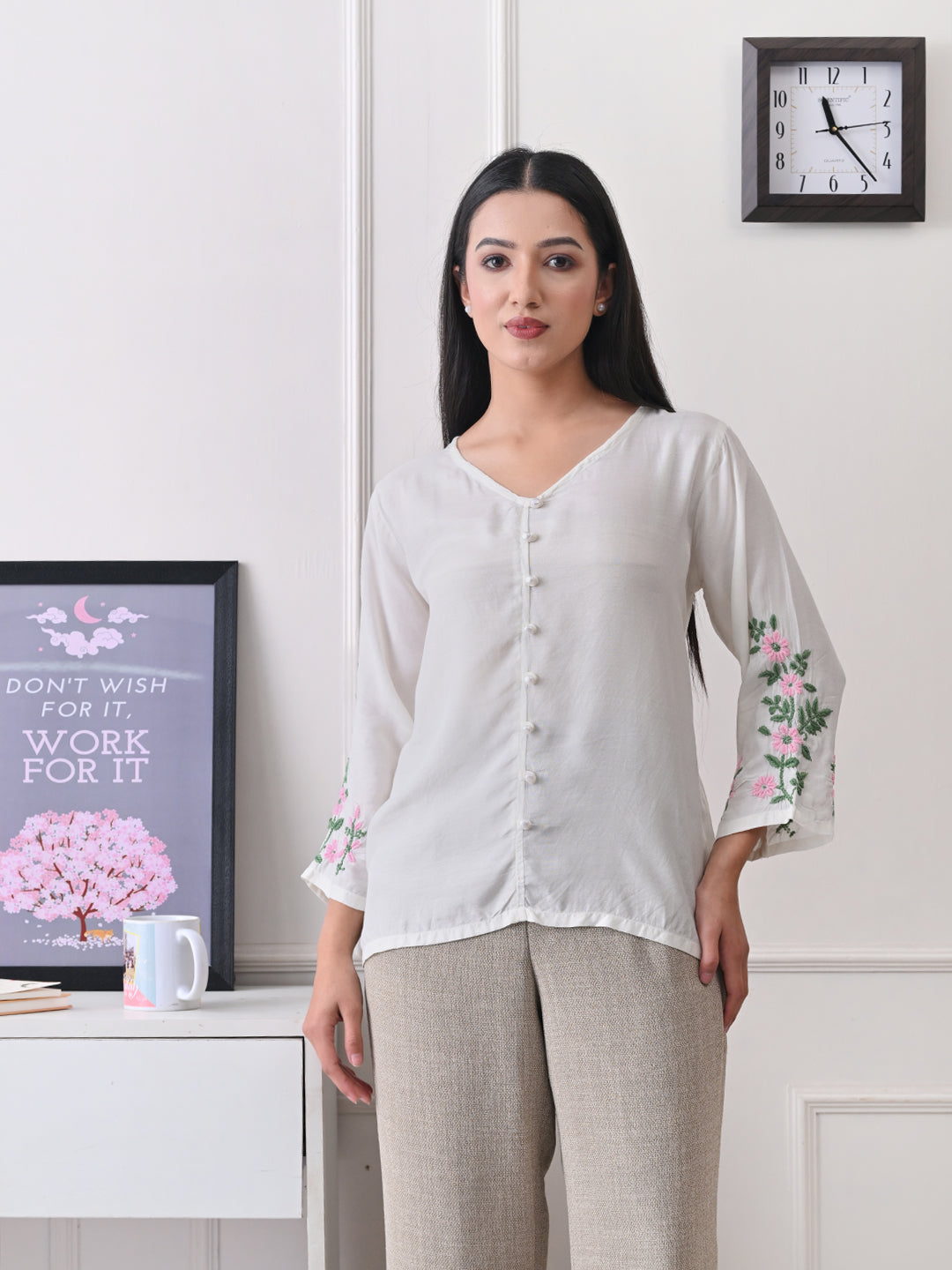 Feminine Chikankari Top with Green & Pink Accents - Ivory