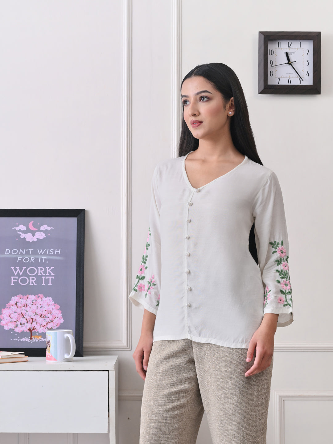 Feminine Chikankari Top with Green & Pink Accents - Ivory