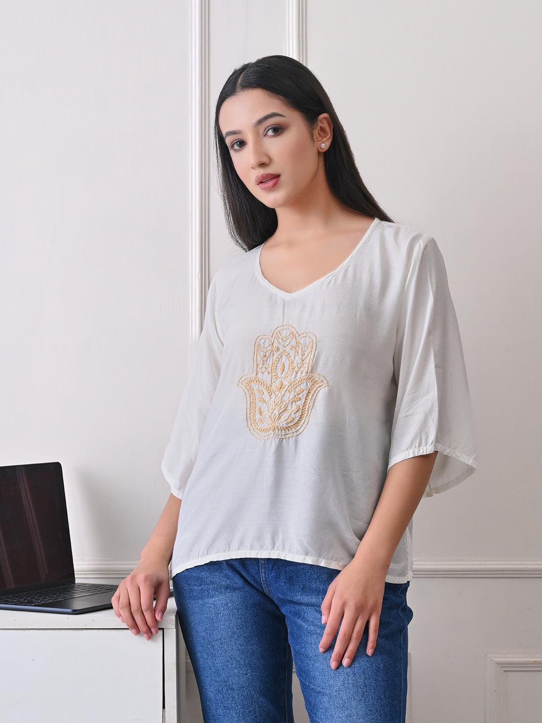 Relaxed Fit Chikankari Top - ivory