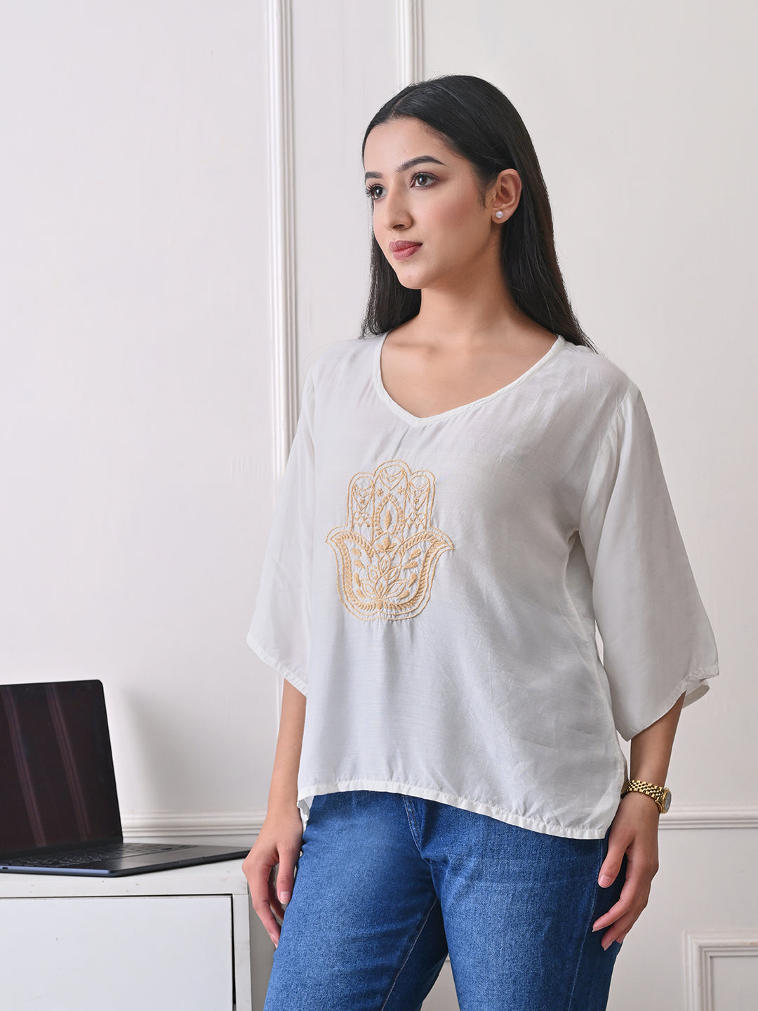 Relaxed Fit Chikankari Top - ivory