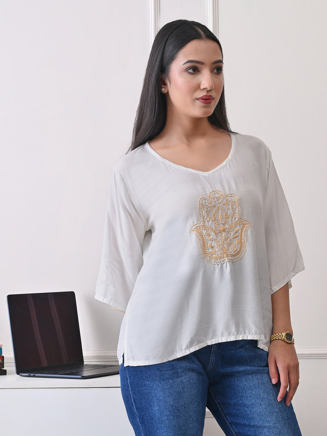 Relaxed Fit Chikankari Top - ivory