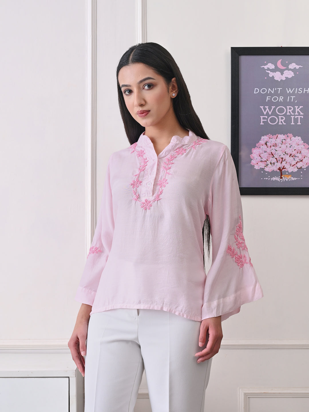 Delicate Bell Sleeve Chikankari Top - Pastel Pink