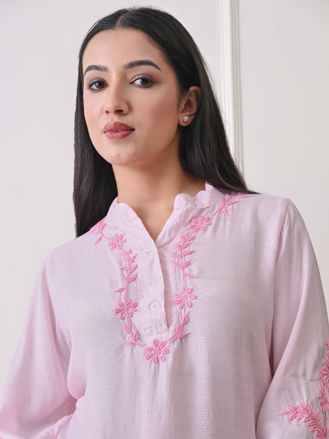 Delicate Bell Sleeve Chikankari Top - Pastel Pink