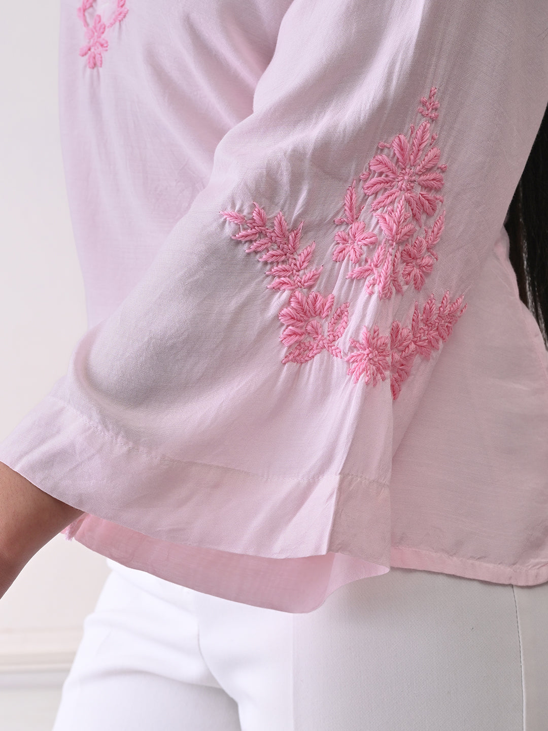 Delicate Bell Sleeve Chikankari Top - Pastel Pink