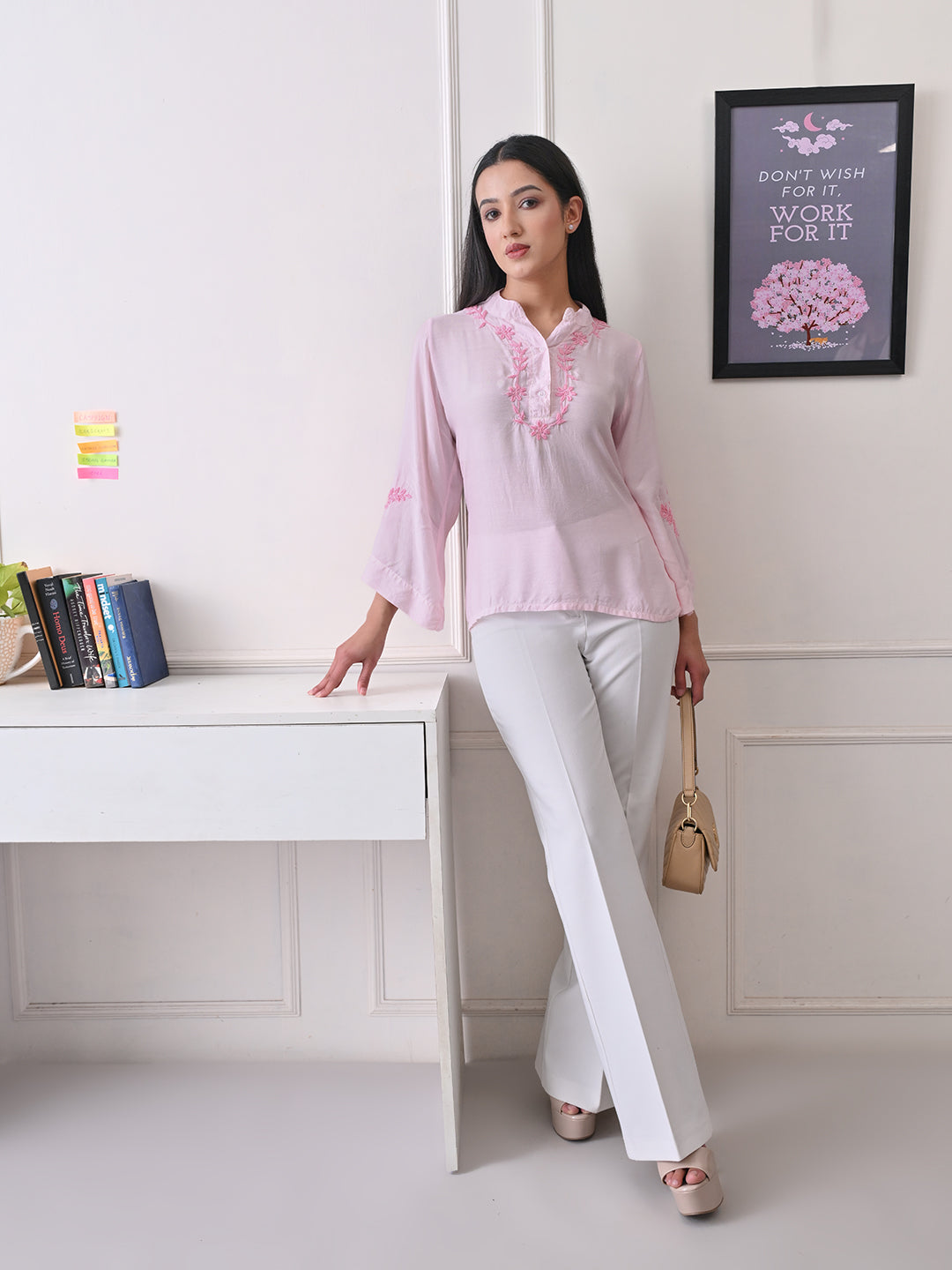 Delicate Bell Sleeve Chikankari Top - Pastel Pink