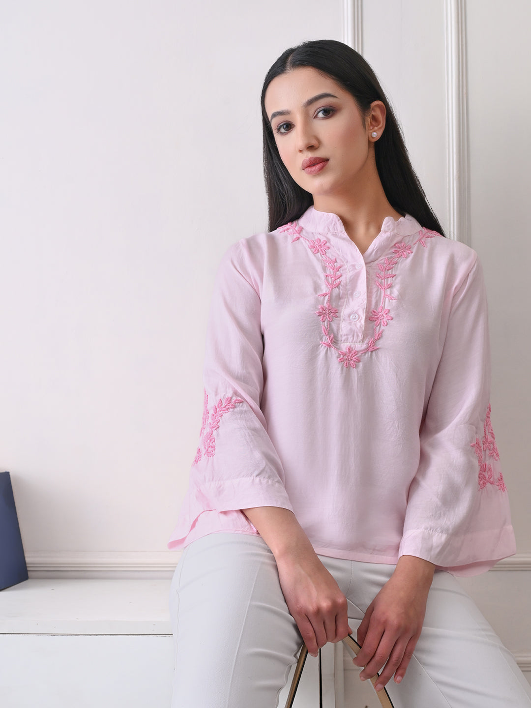 Delicate Bell Sleeve Chikankari Top - Pastel Pink