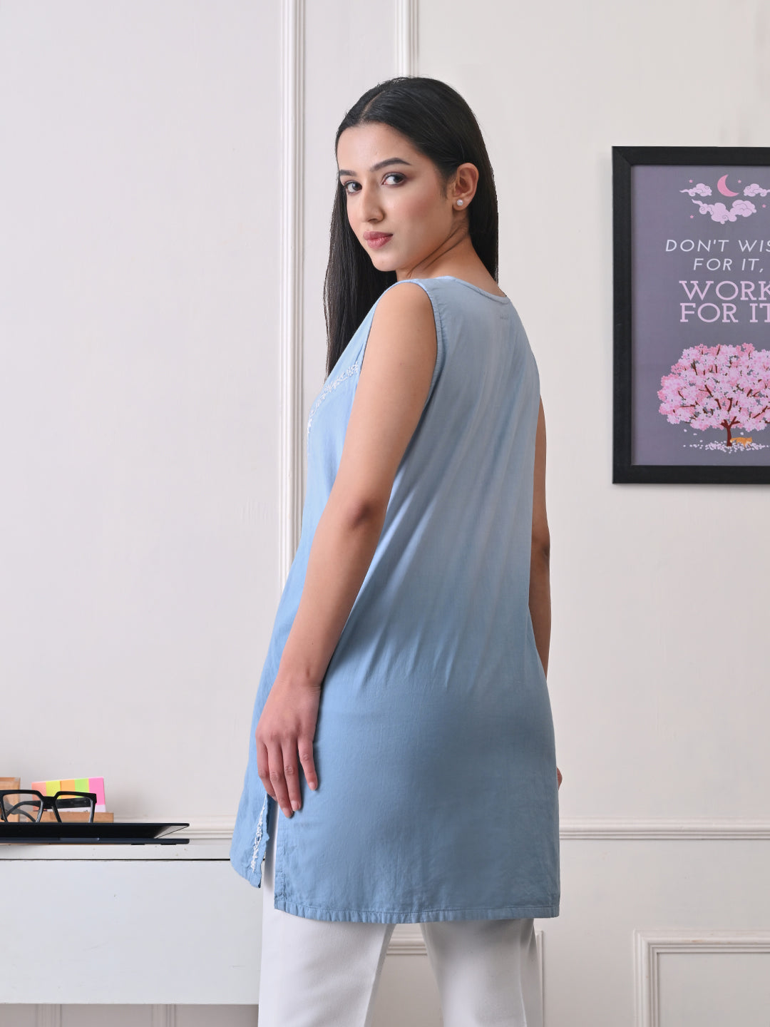 Cotton Chikankari Short Kurti - Blue Ombre