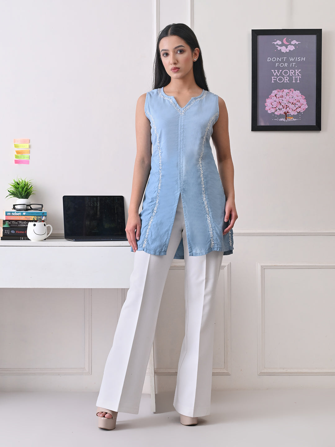 Cotton Chikankari Short Kurti - Blue Ombre