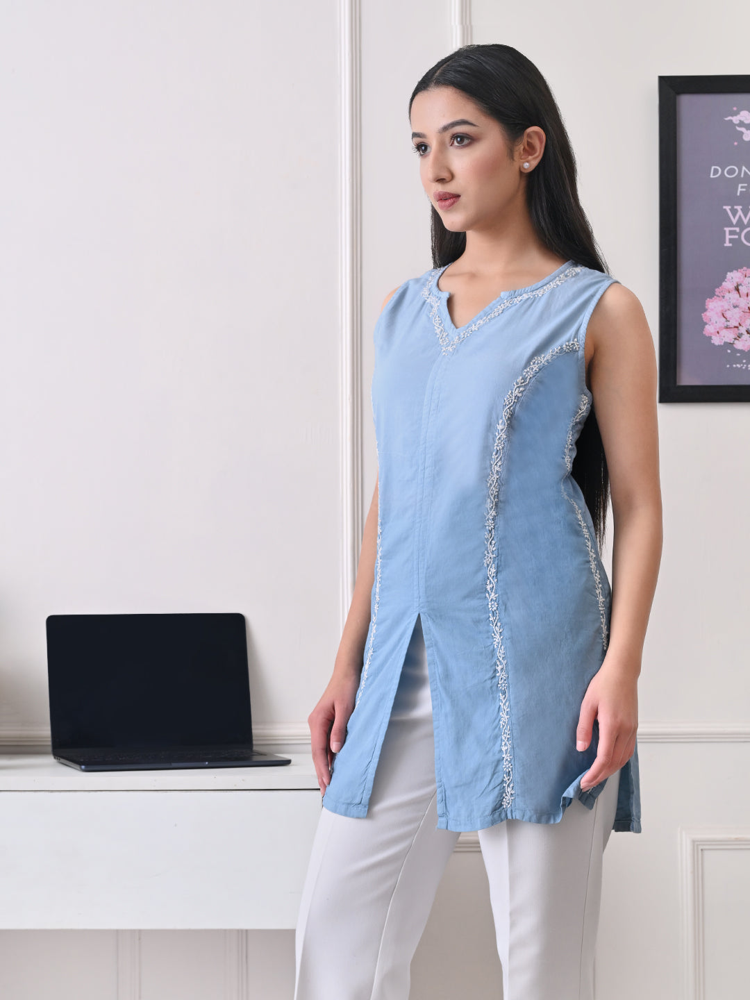 Cotton Chikankari Short Kurti - Blue Ombre