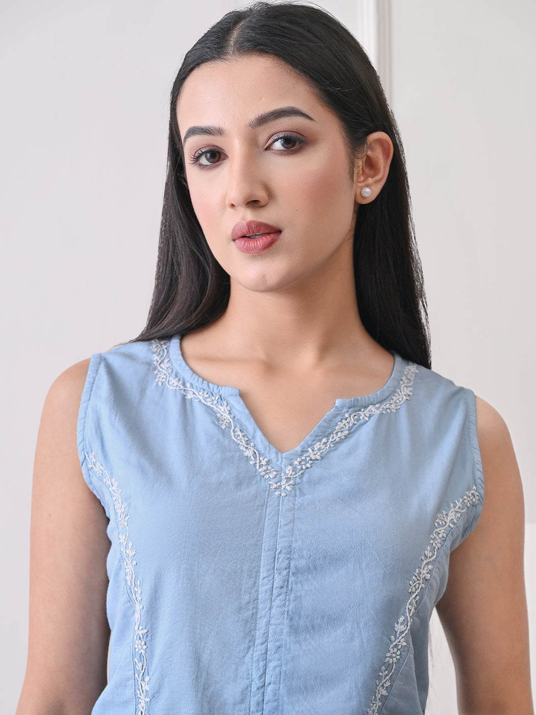 Cotton Chikankari Short Kurti - Blue Ombre