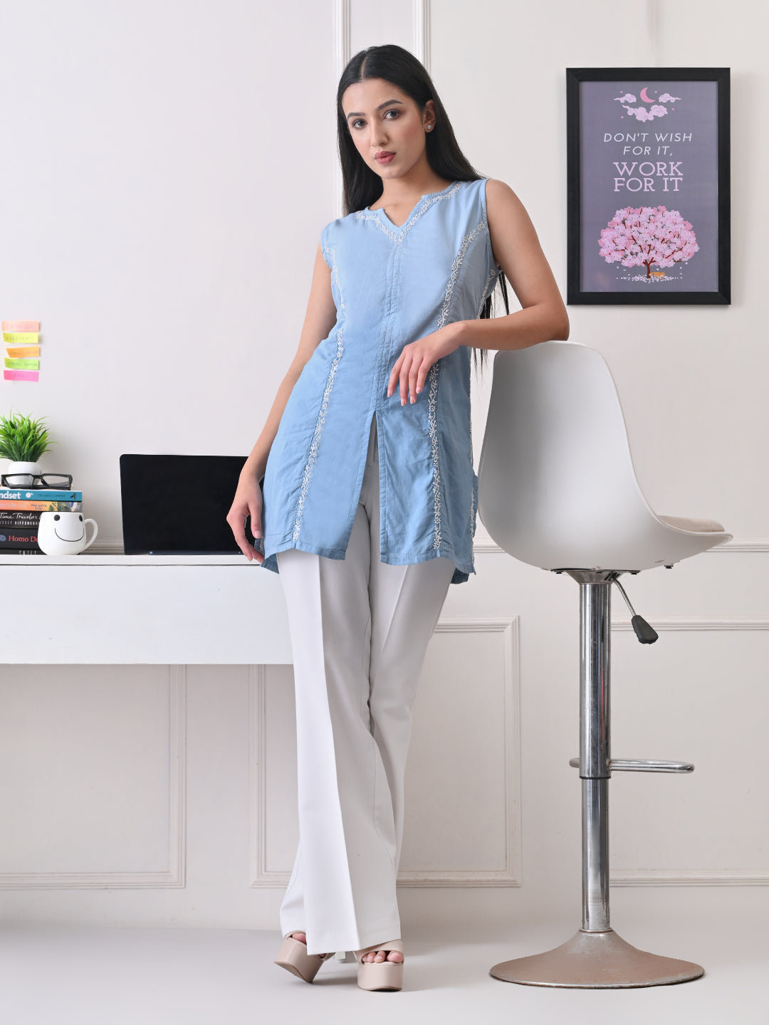 Cotton Chikankari Short Kurti - Blue Ombre