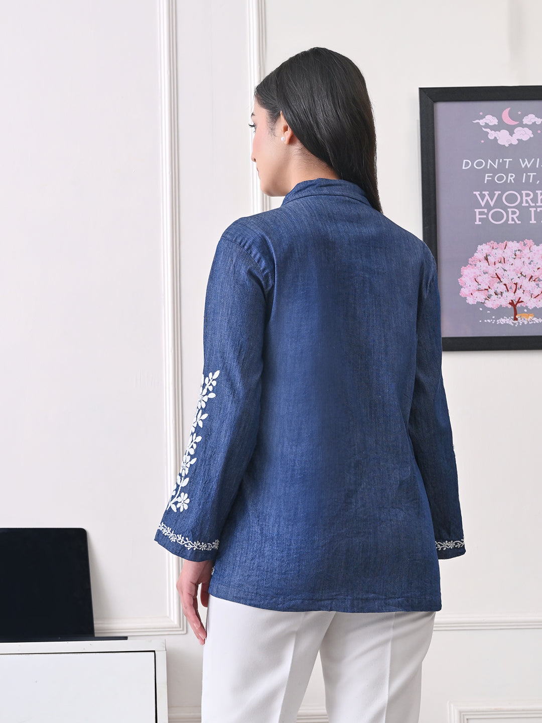 Sculpted Denim Chikankari Shacket - Indigo Blue