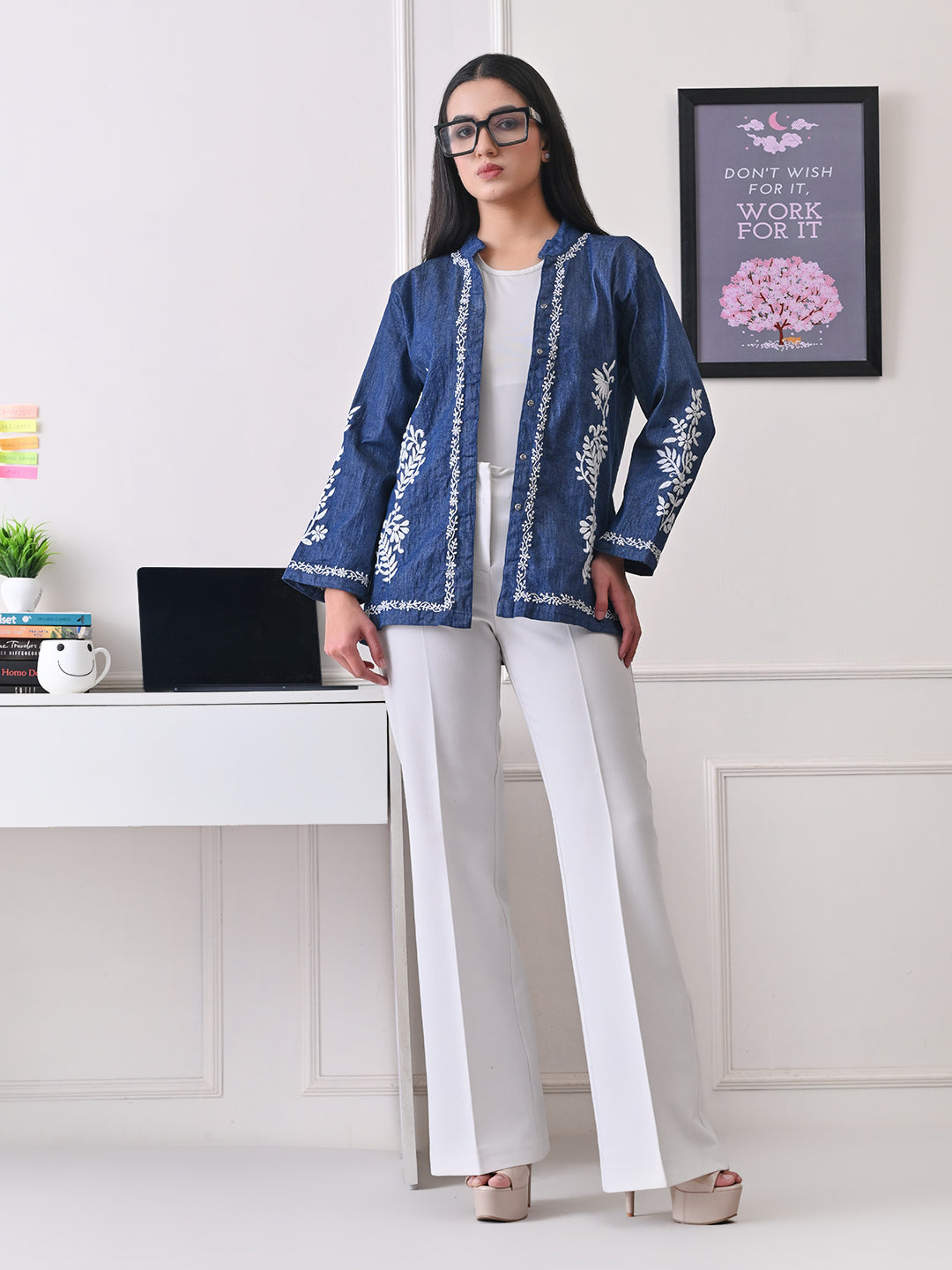 Sculpted Denim Chikankari Shacket - Indigo Blue