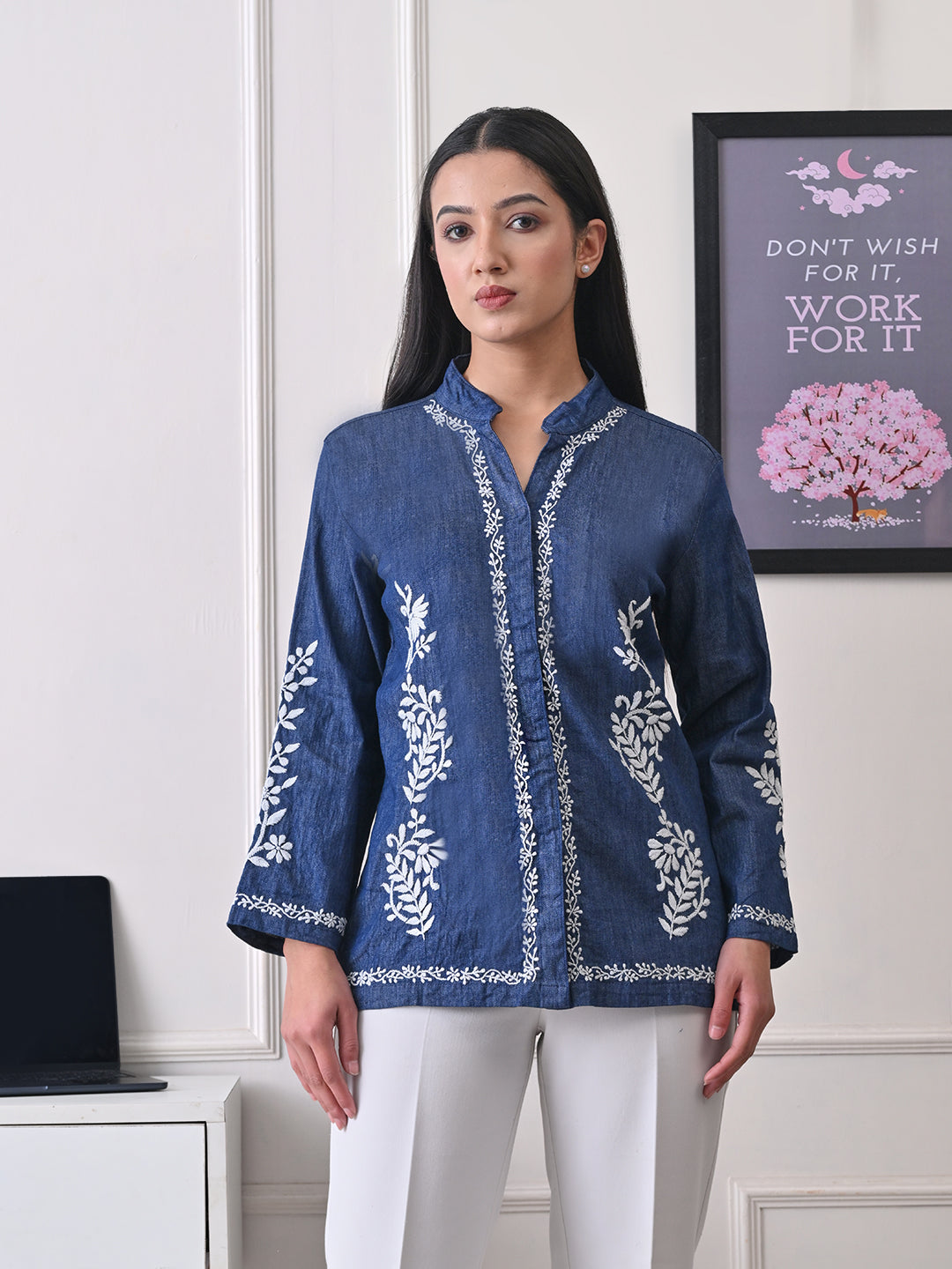 Sculpted Denim Chikankari Shacket - Indigo Blue