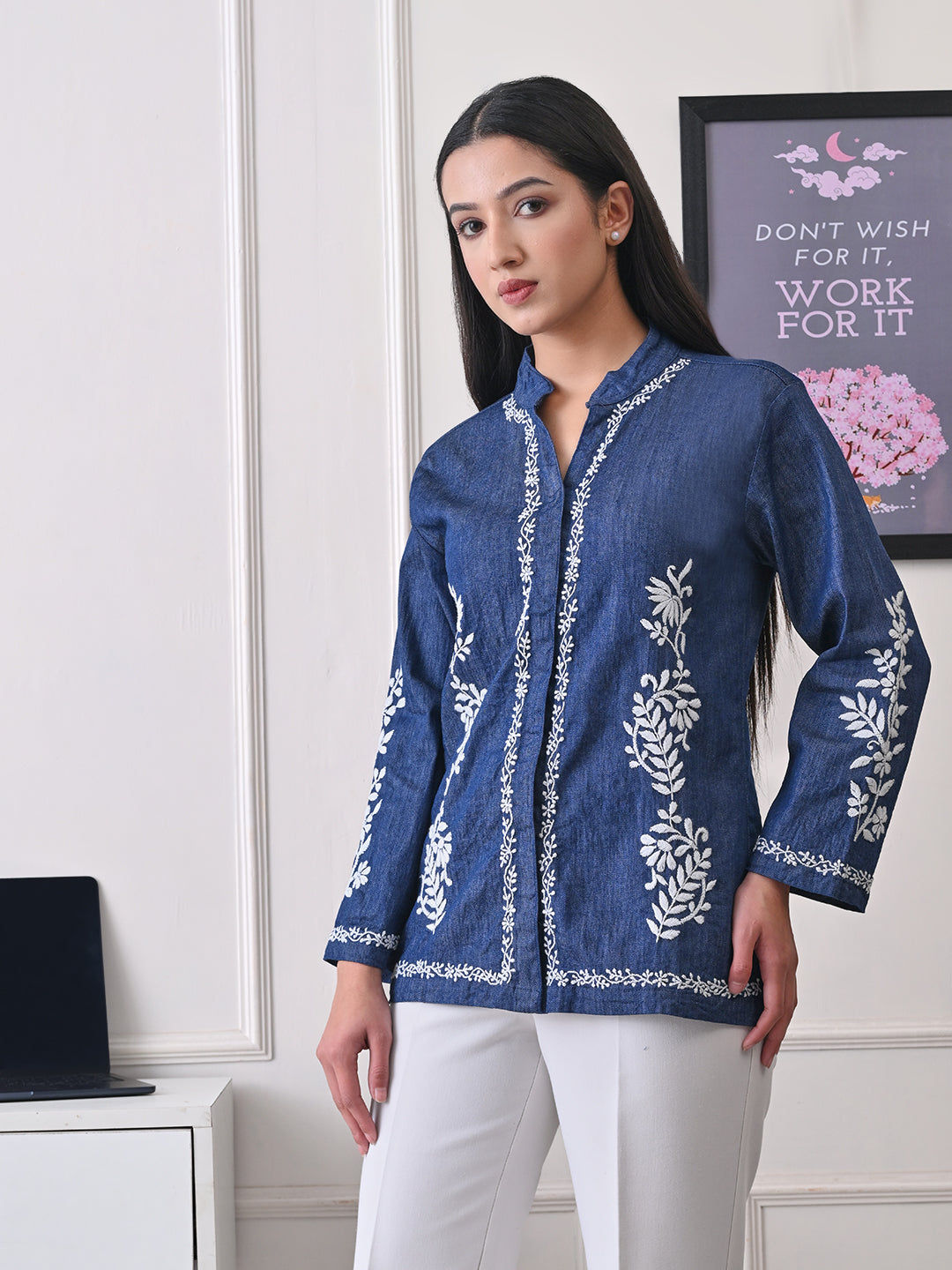Sculpted Denim Chikankari Shacket - Indigo Blue
