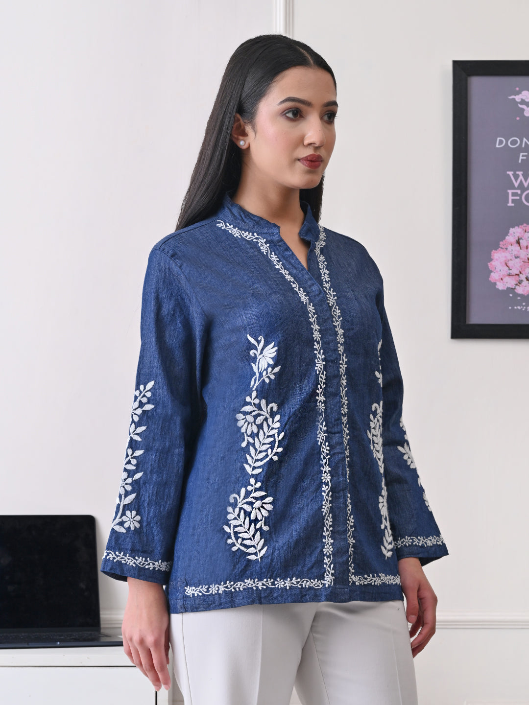 Sculpted Denim Chikankari Shacket - Indigo Blue
