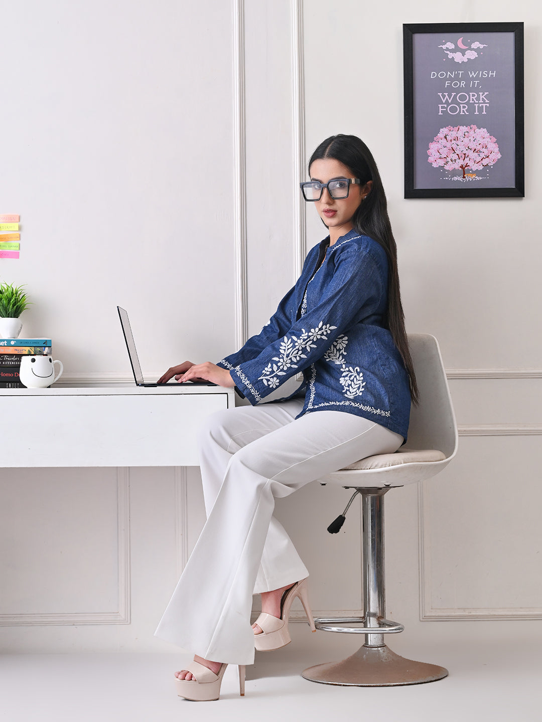 Sculpted Denim Chikankari Shacket - Indigo Blue