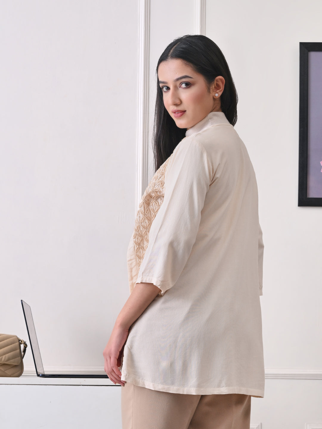 Jaali-work Chikankari Long Jacket - Ivory