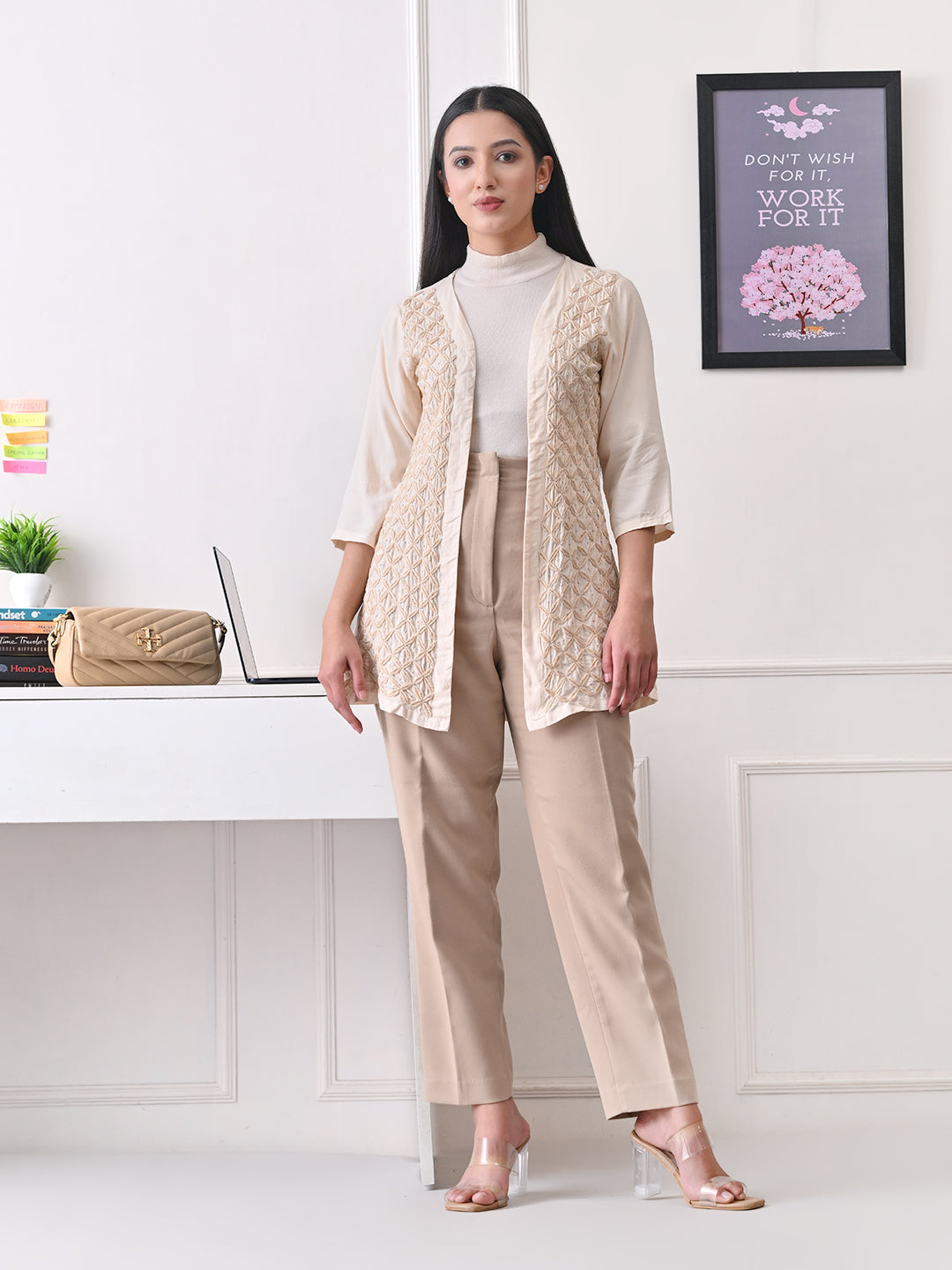 Jaali-work Chikankari Long Jacket - Ivory