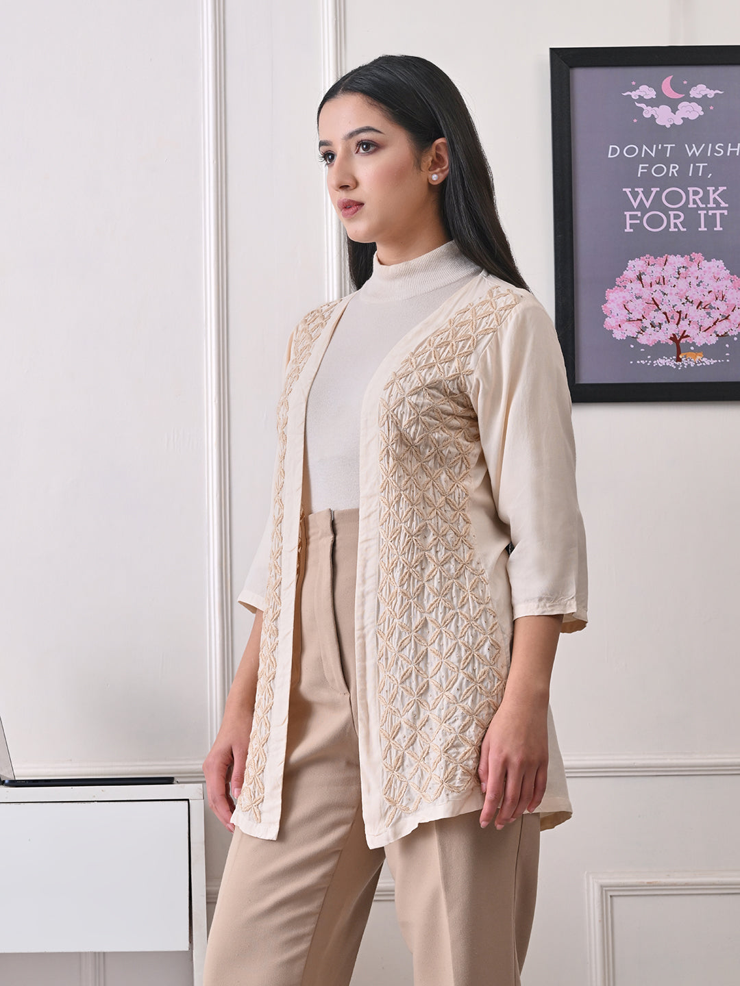 Jaali-work Chikankari Long Jacket - Ivory