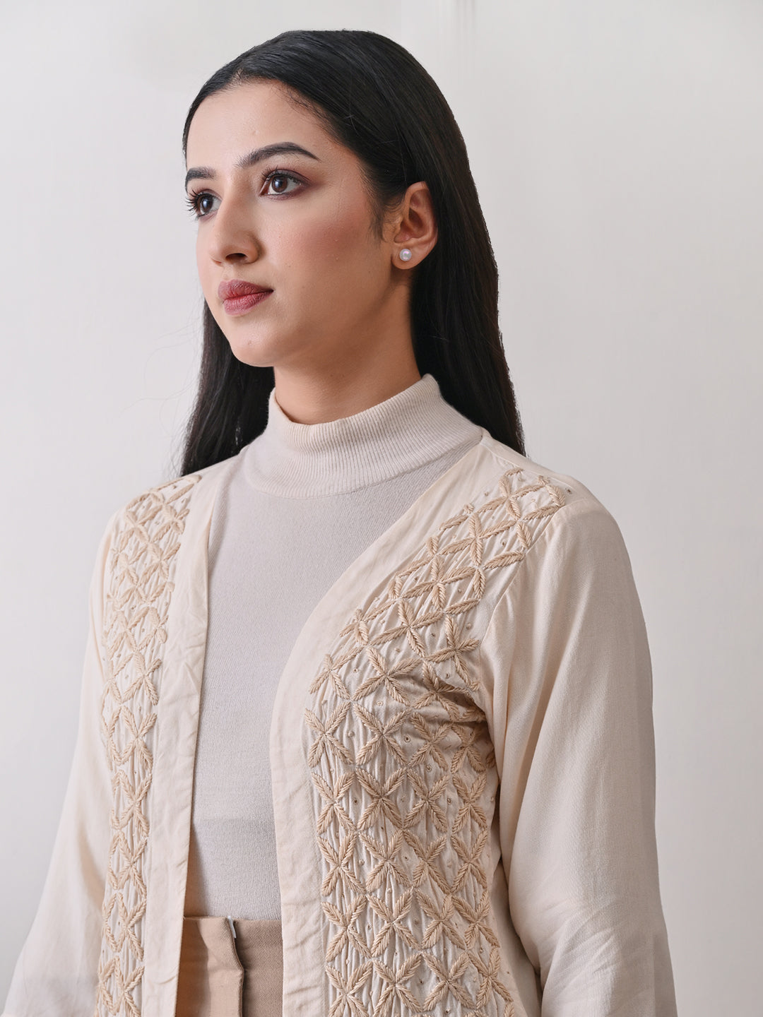 Jaali-work Chikankari Long Jacket - Ivory