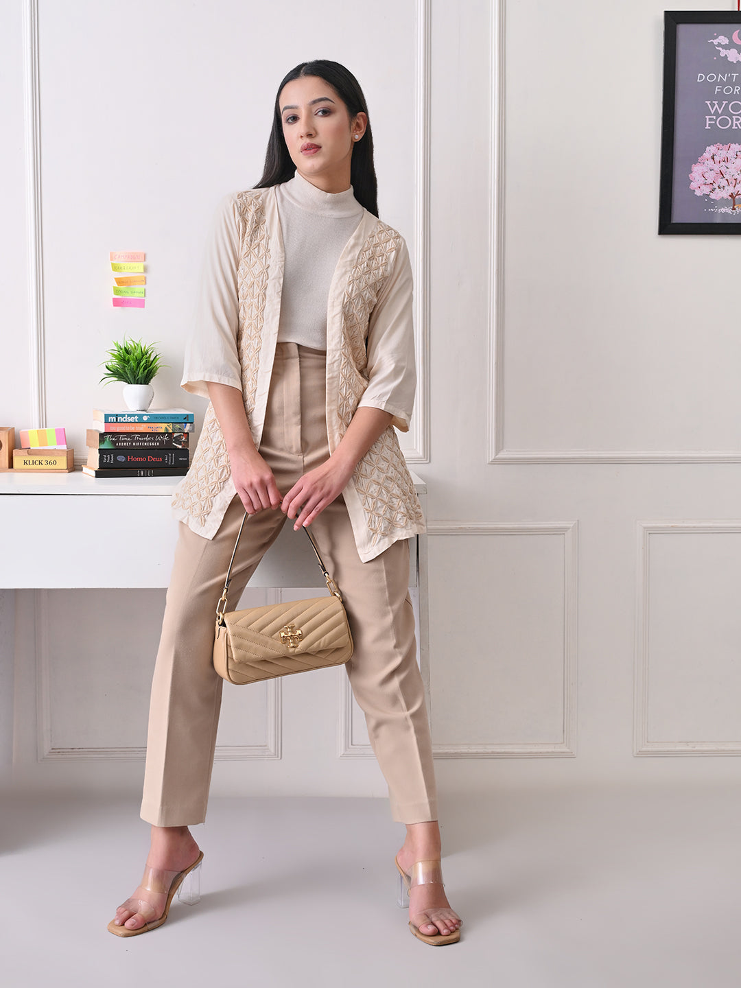 Jaali-work Chikankari Long Jacket - Ivory