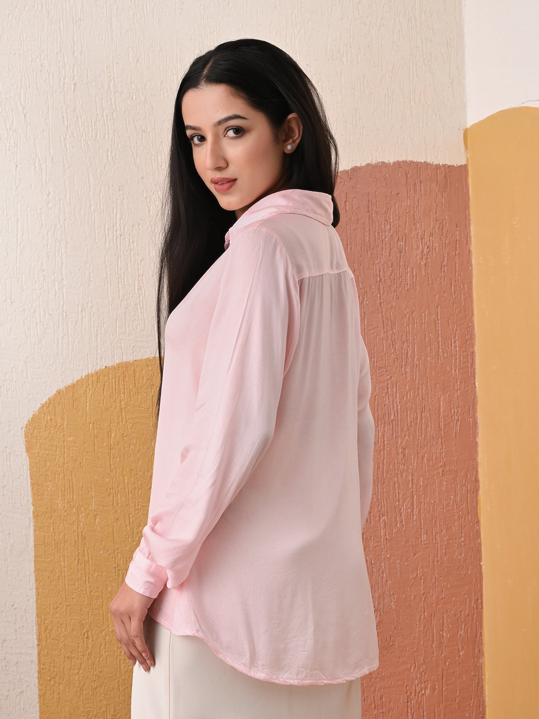 Chic Satin Chikankari Shirt - Pastel Pink