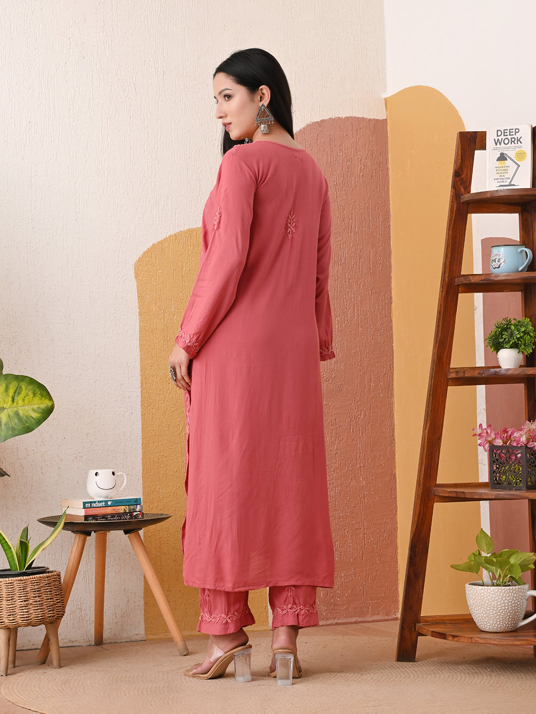 Modal Chikankari Self-embroidered Kurta Set - Rust