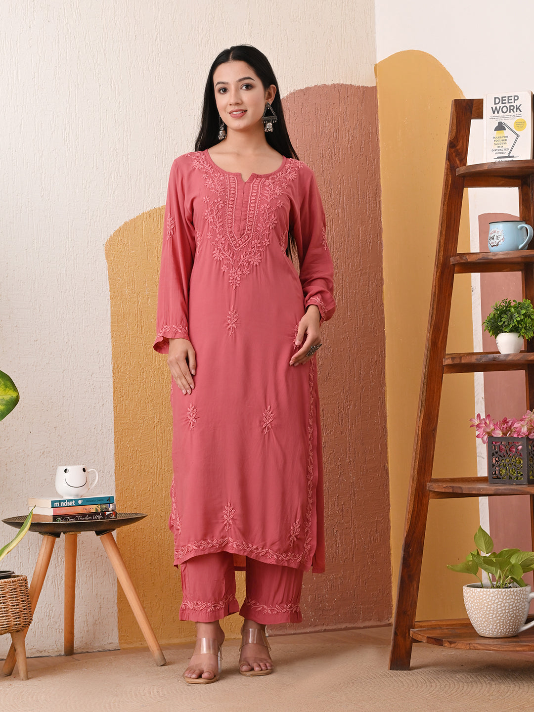 Modal Chikankari Self-embroidered Kurta Set - Rust