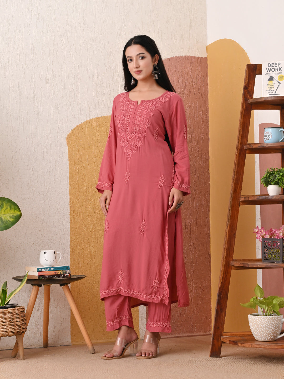 Modal Chikankari Self-embroidered Kurta Set - Rust
