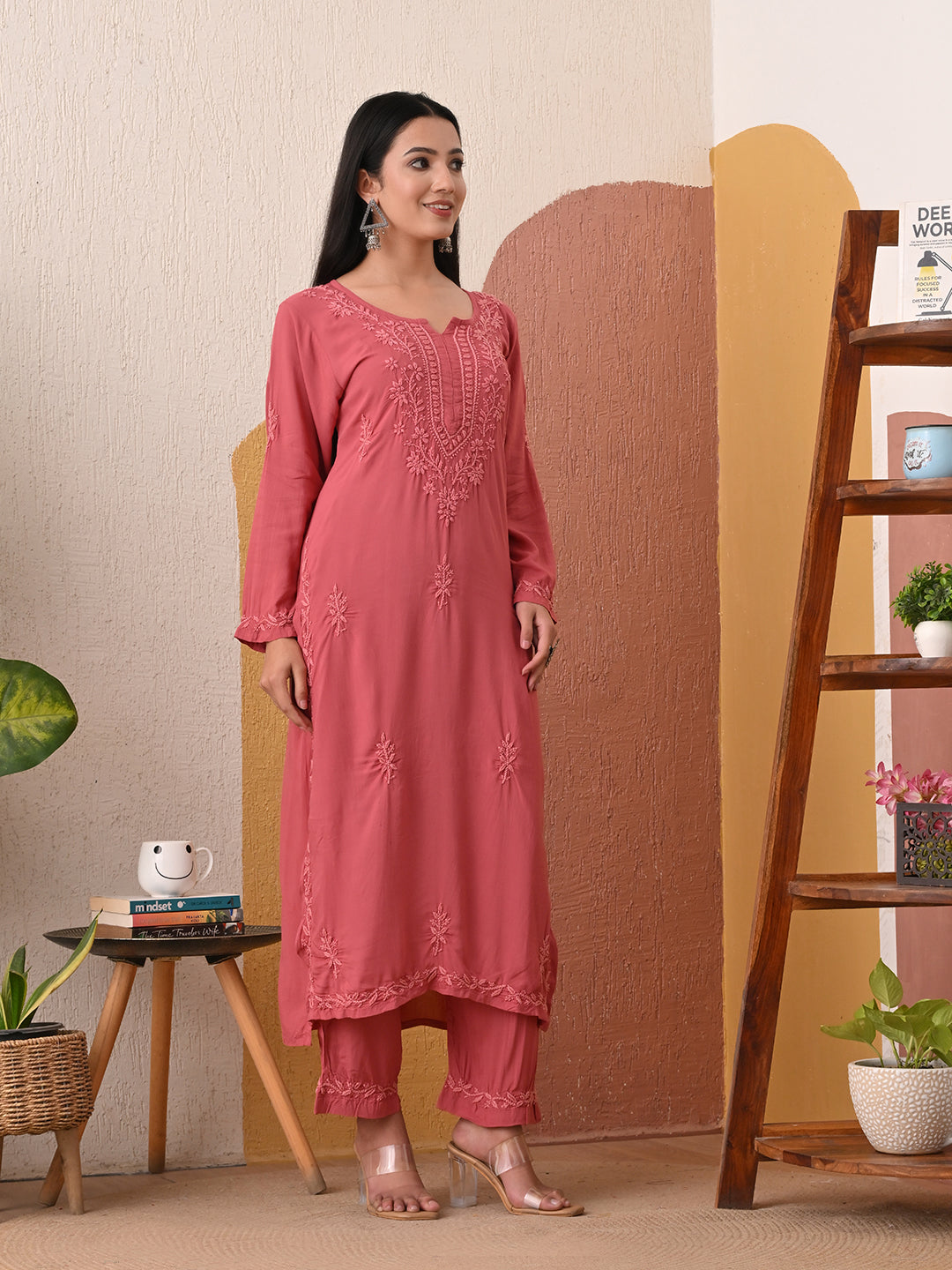Modal Chikankari Self-embroidered Kurta Set - Rust