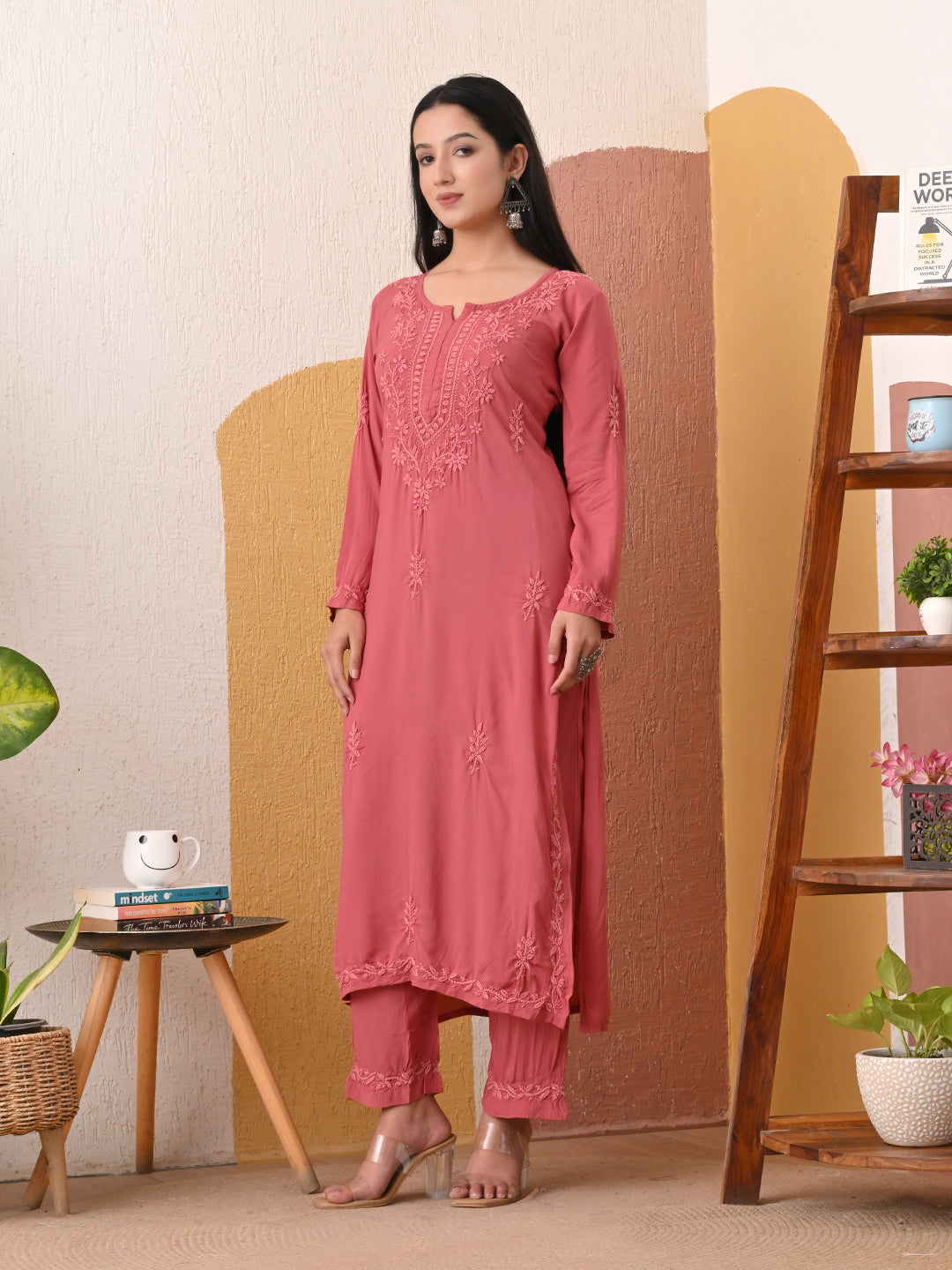 Modal Chikankari Self-embroidered Kurta Set - Rust